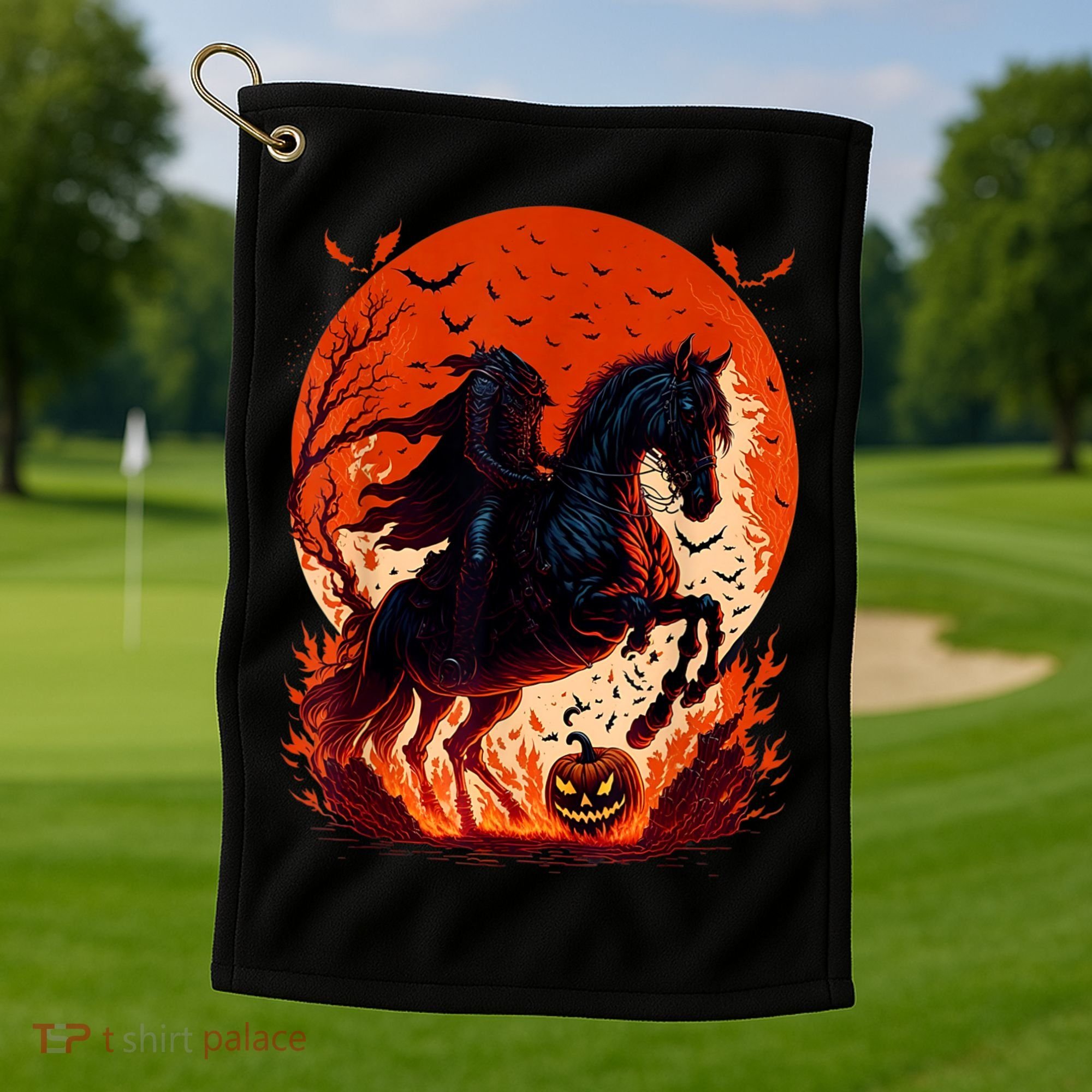 Halloween Scary Pumpkin Headless Horseman AI Golf Towel
