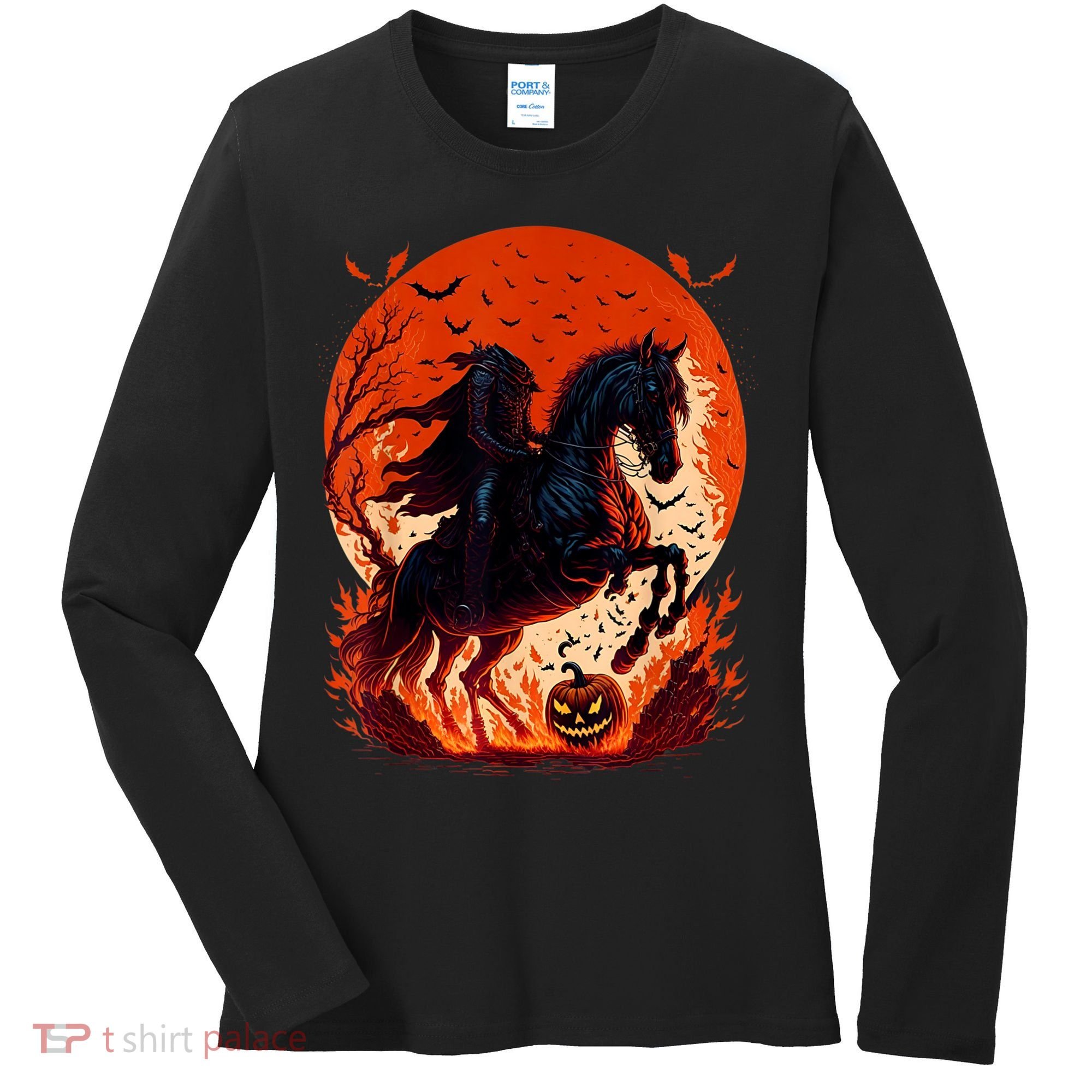 Halloween Scary Pumpkin Headless Horseman AI Women's Long Sleeve Shirt