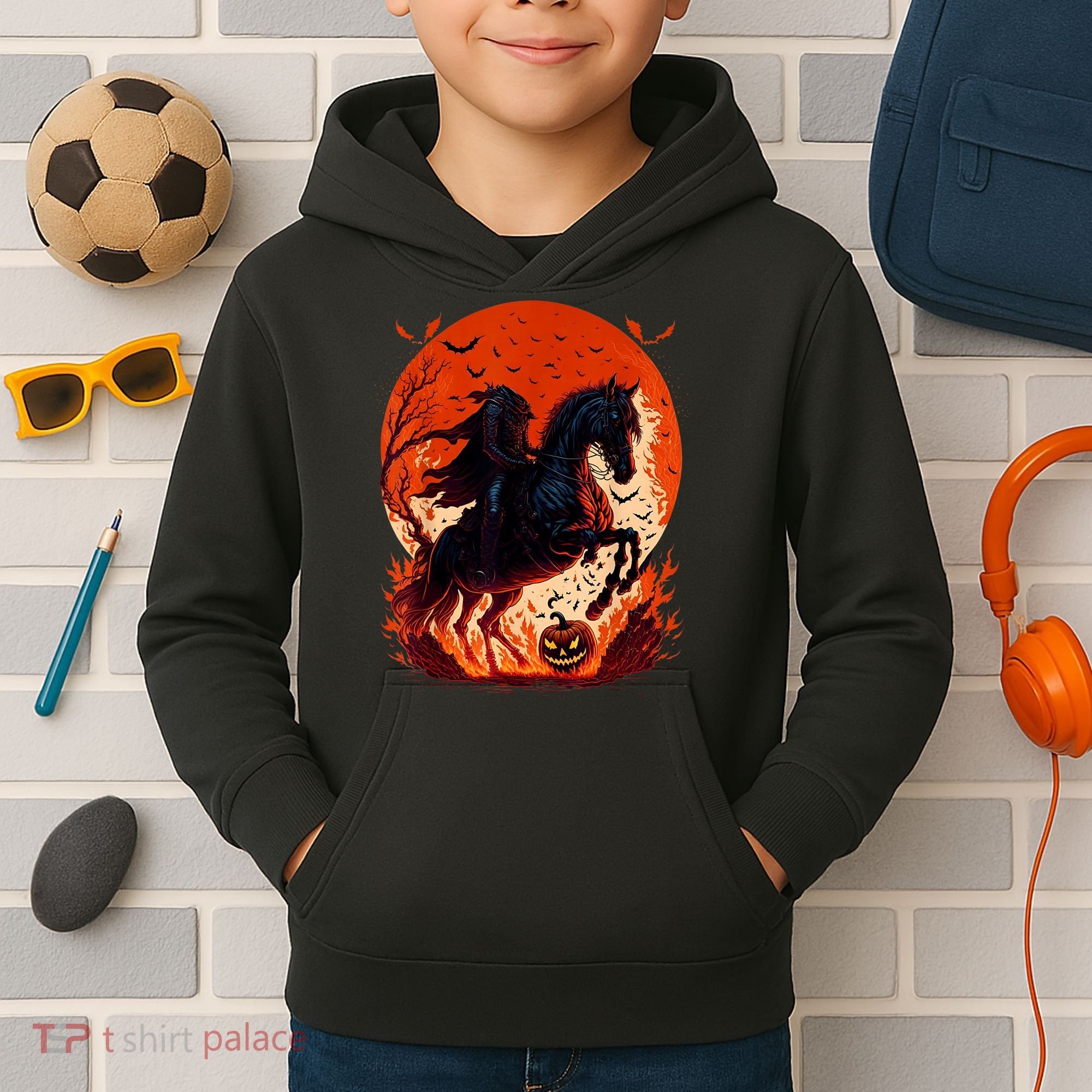 Halloween Scary Pumpkin Headless Horseman AI Kids Hoodie