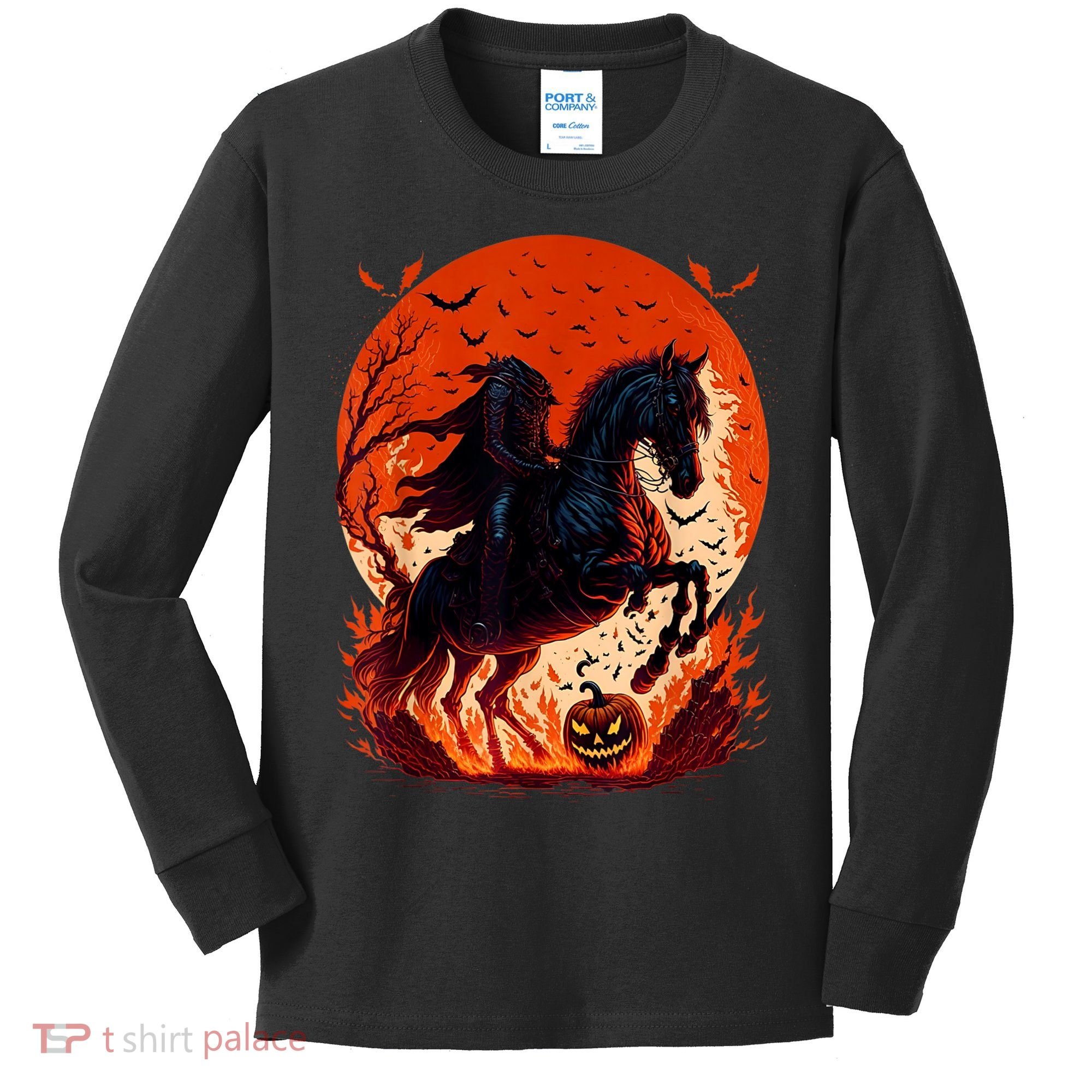 Halloween Scary Pumpkin Headless Horseman AI Kids Long Sleeve Shirt