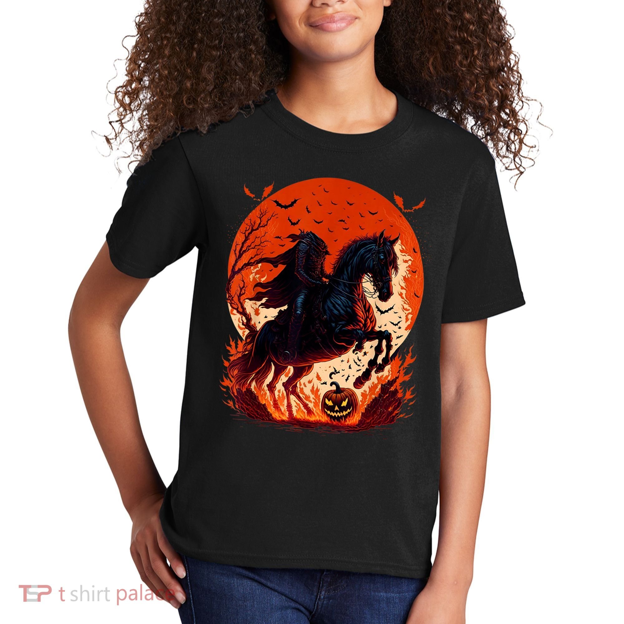 Halloween Scary Pumpkin Headless Horseman AI Kids T-Shirt