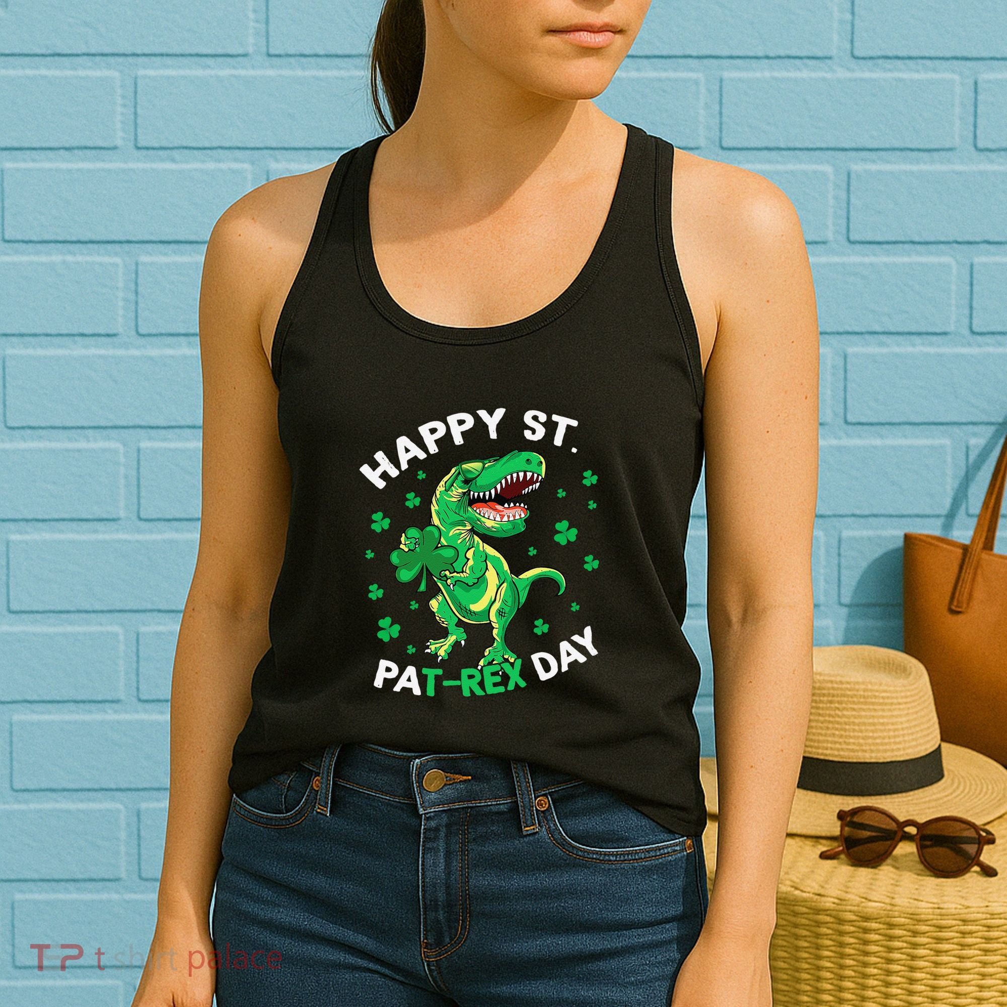 Happy St PaT Rex Dinosaur Saint Patrick's Day For Funny Women's Tank Top