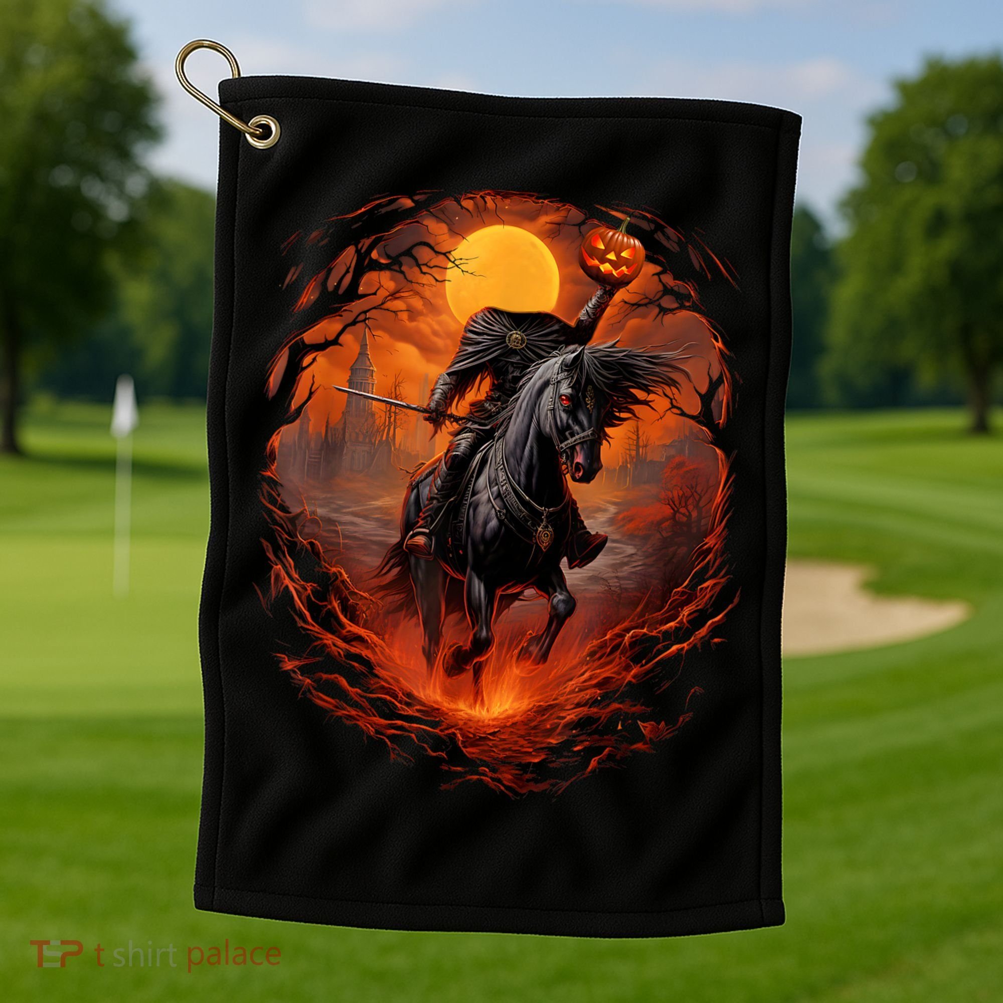 Halloween Scary Pumpkin Headless Horseman AI Golf Towel