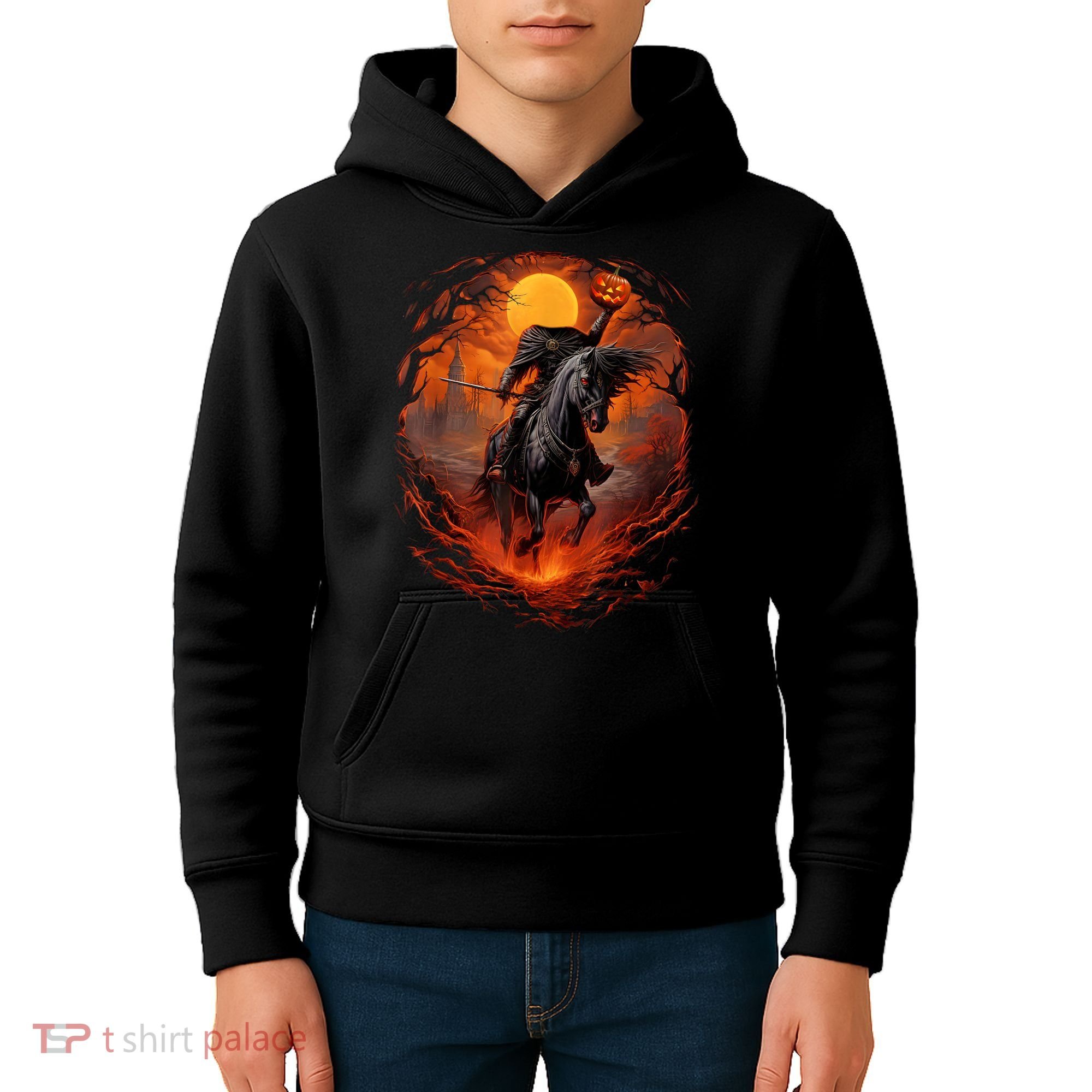 Halloween Scary Pumpkin Headless Horseman AI Kids Hoodie