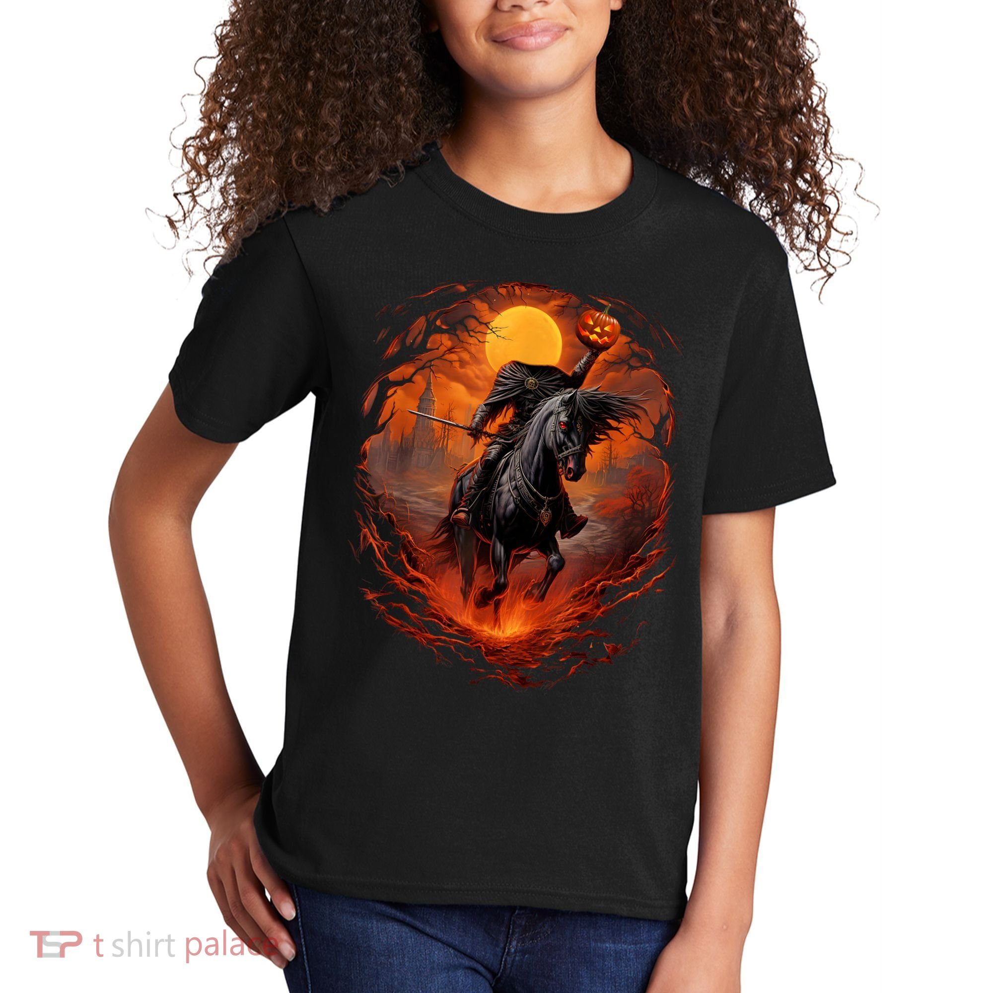 Halloween Scary Pumpkin Headless Horseman AI Kids T-Shirt