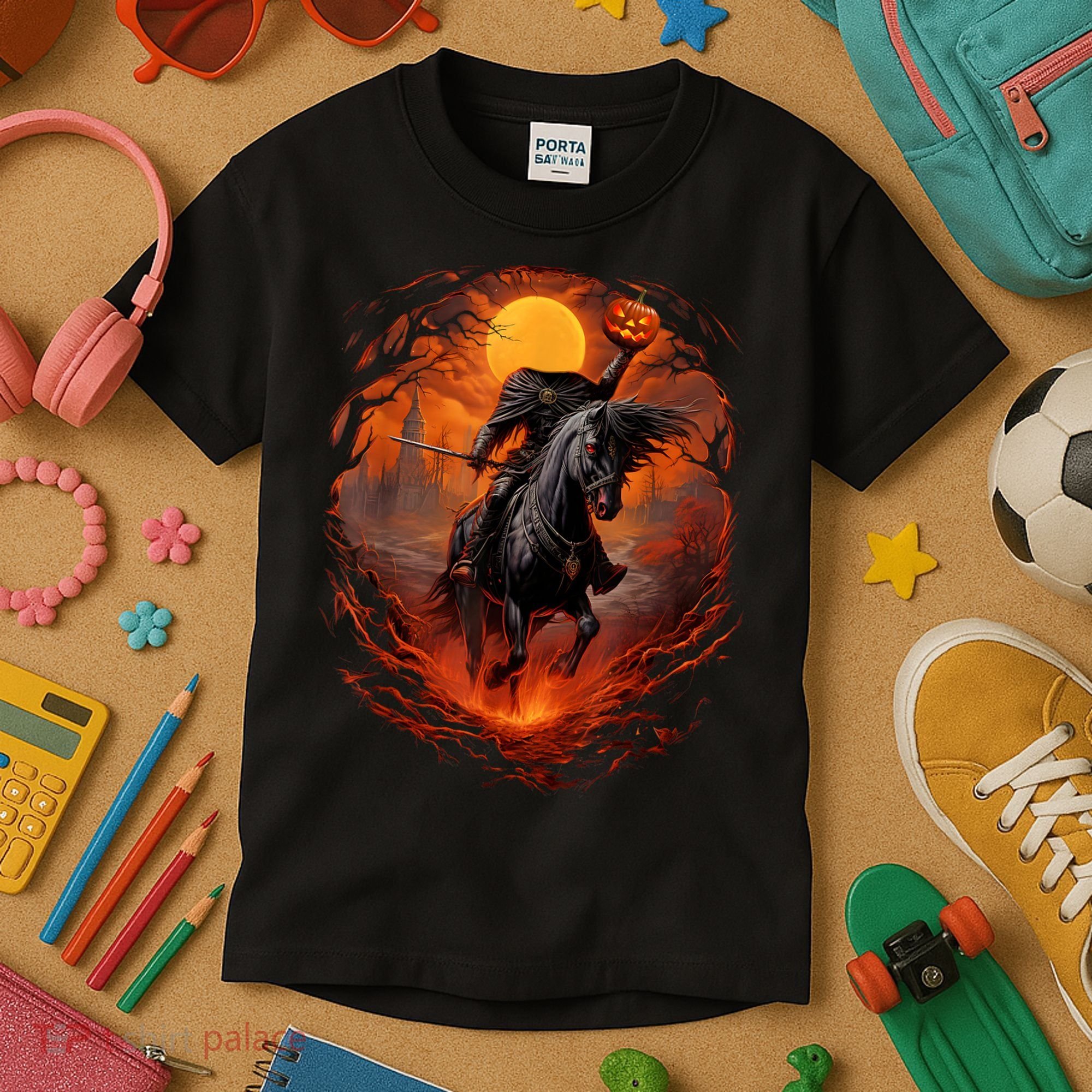 Halloween Scary Pumpkin Headless Horseman AI Kids T-Shirt