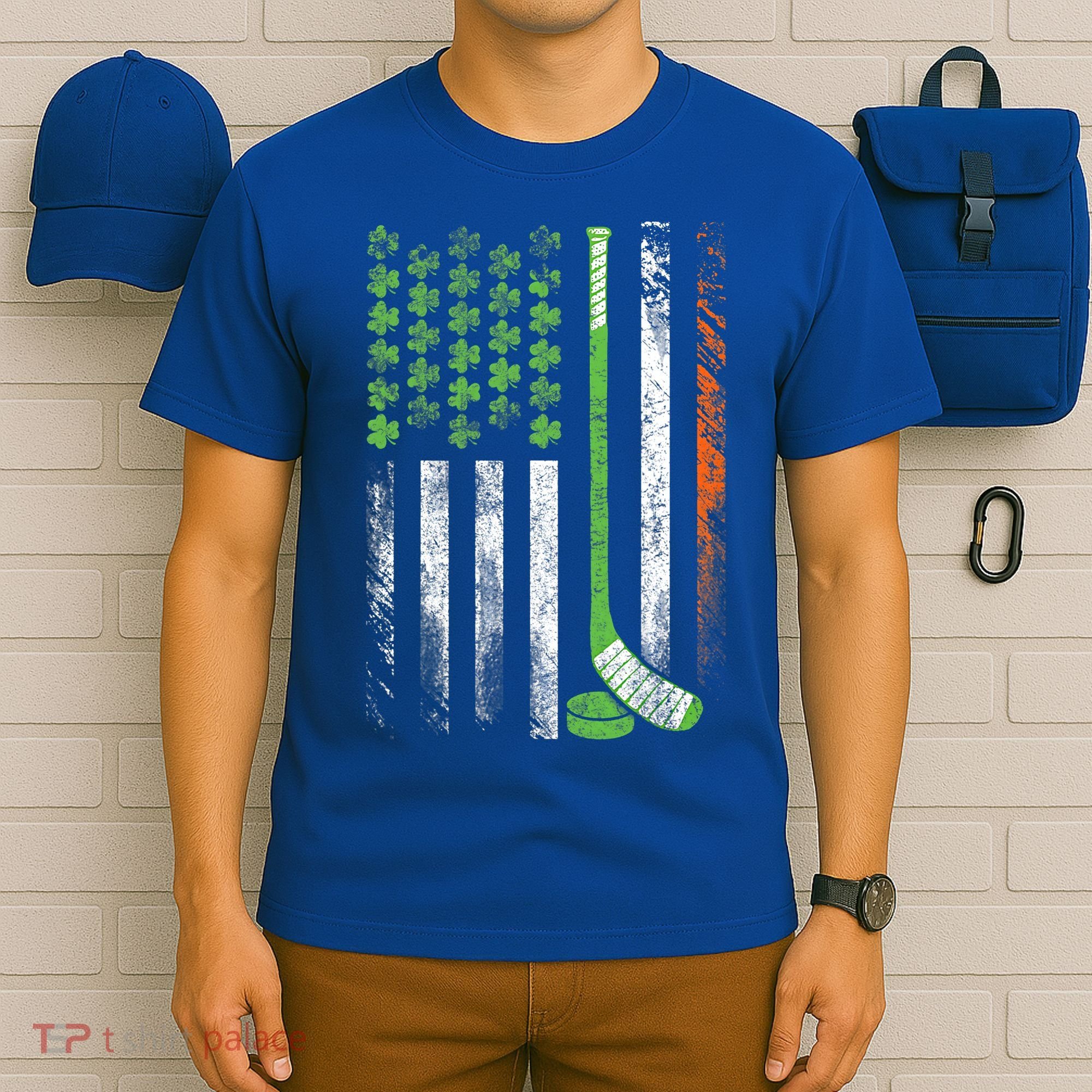 Hockey St Patricks Day American Flag Vintage Shamrock Cool Gift T-Shirt