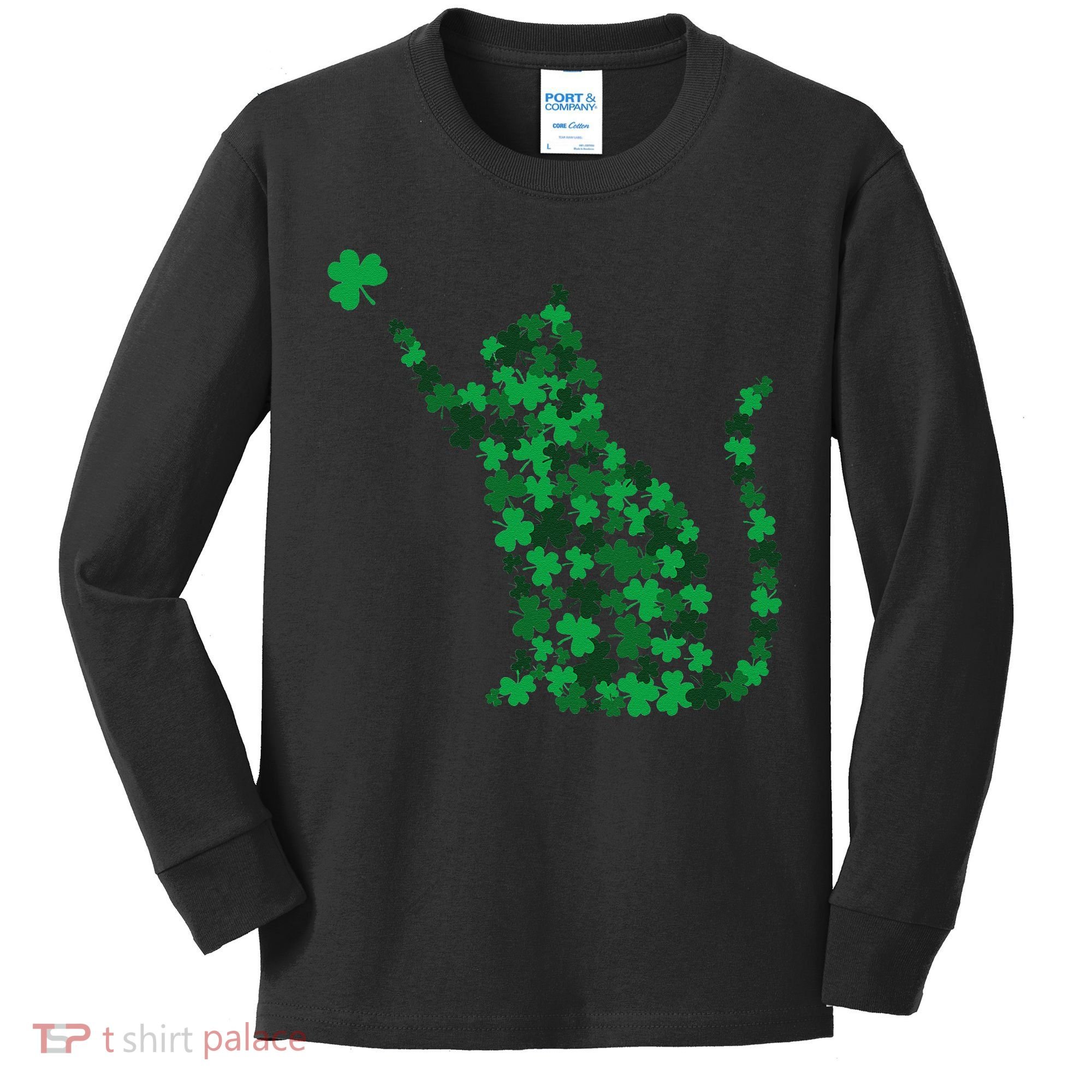 Happy Saint Patrick's Day Shamrock Cat Kids Long Sleeve Shirt