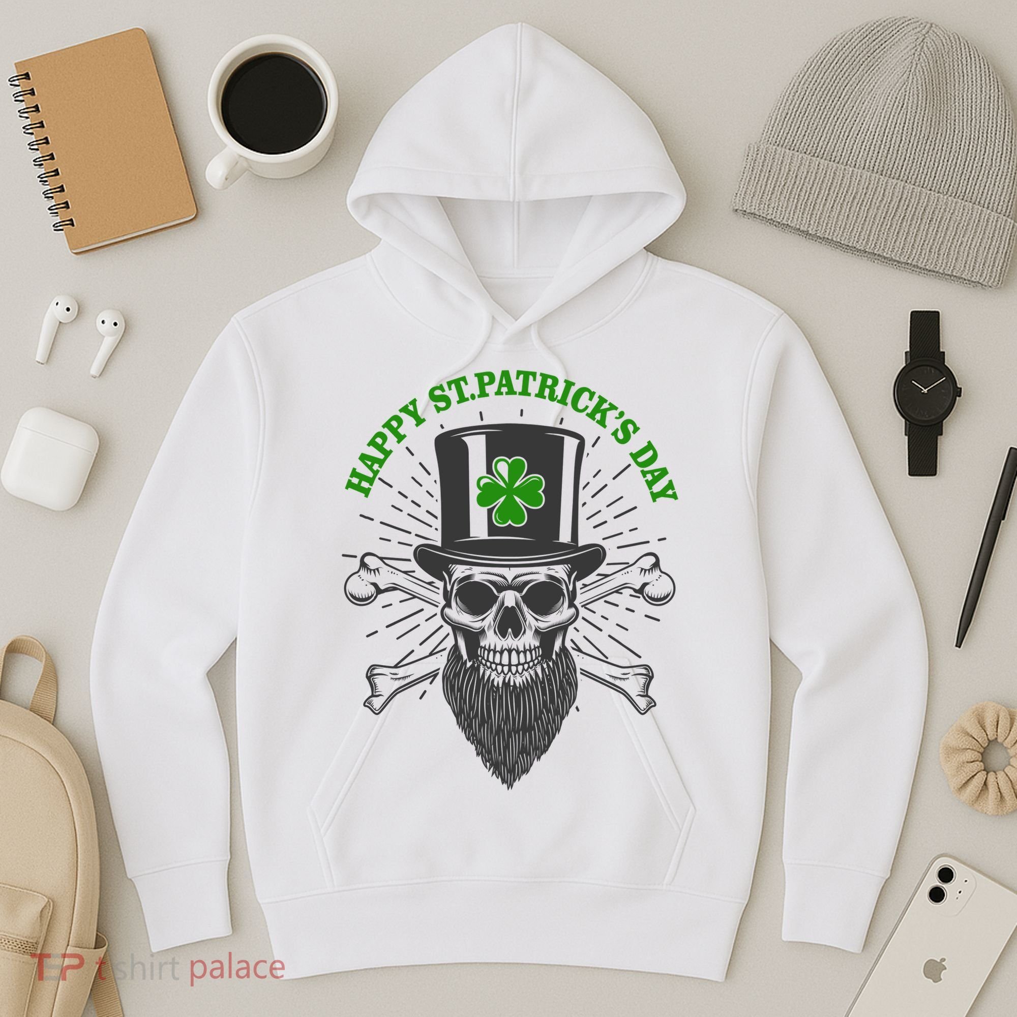 Happy St Patricks Day Irish Clover Skull Beard Hoodie