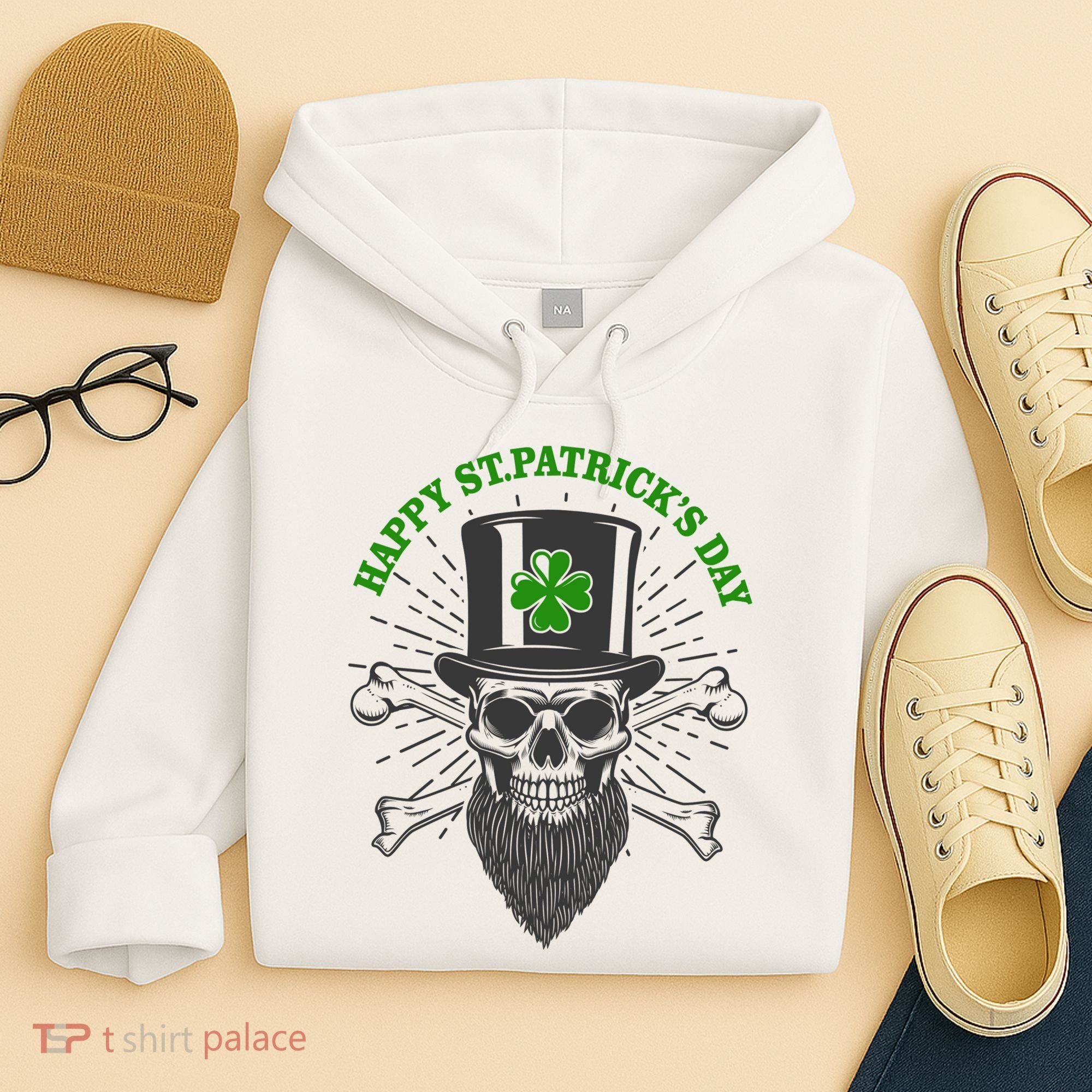 Happy St Patricks Day Irish Clover Skull Beard Hoodie