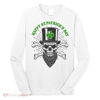 Happy St Patricks Day Irish Clover Skull Beard Long Sleeve Shirt