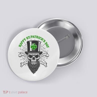 Happy St Patricks Day Irish Clover Skull Beard Button