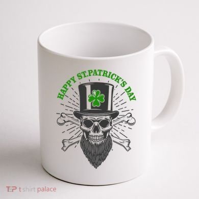 Happy St Patricks Day Irish Clover Skull Beard Coffee Mug back