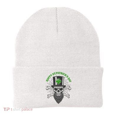 Happy St Patricks Day Irish Clover Skull Beard Beanie