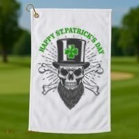 Happy St Patricks Day Irish Clover Skull Beard Golf Towel thumb 1