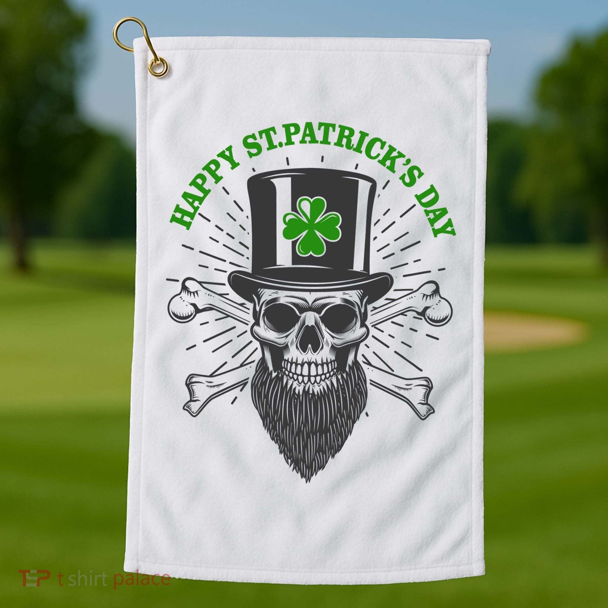 Happy St Patricks Day Irish Clover Skull Beard Golf Towel