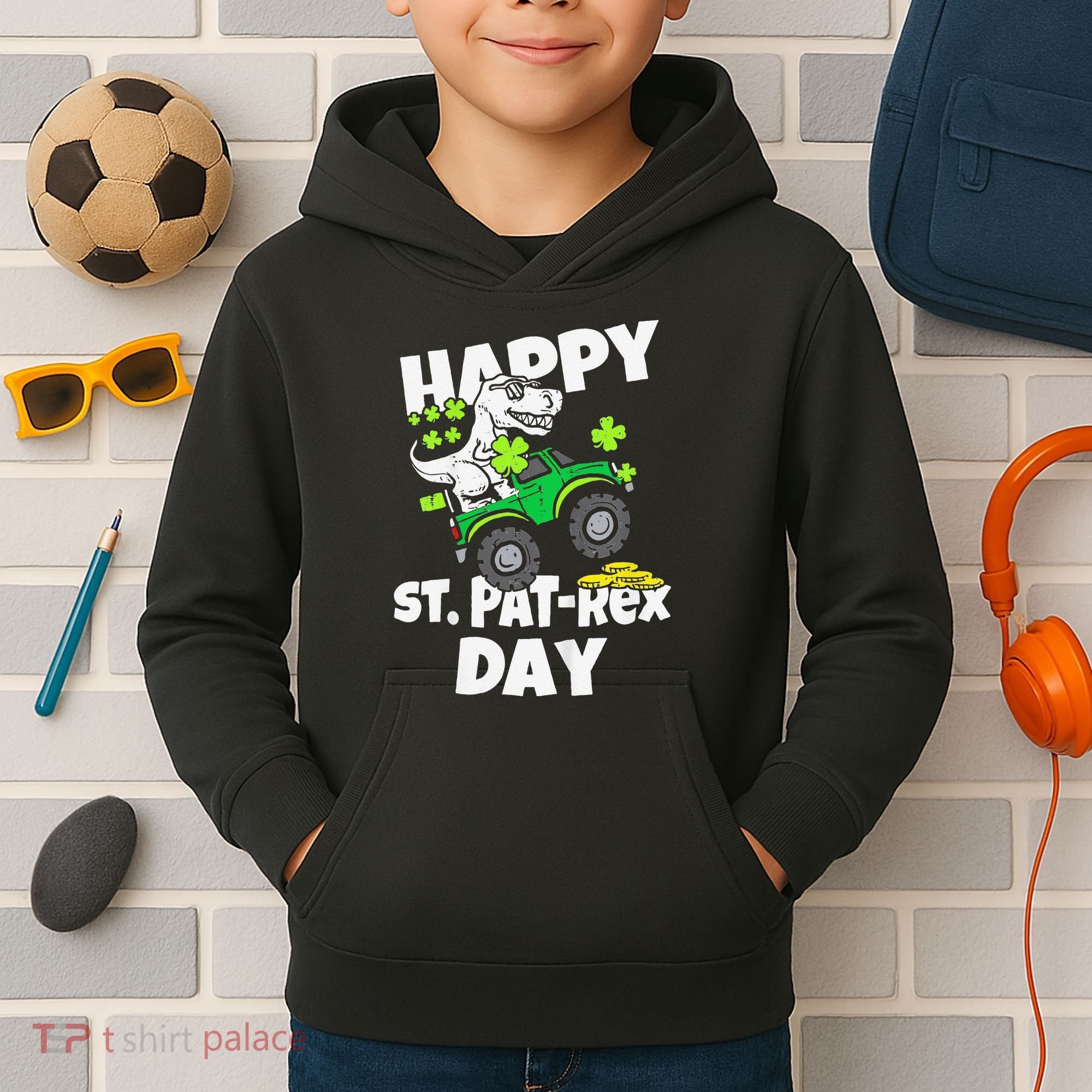 Happy St Pat T Rex Saint Patrick's Day Dinosaur Love Kids Hoodie