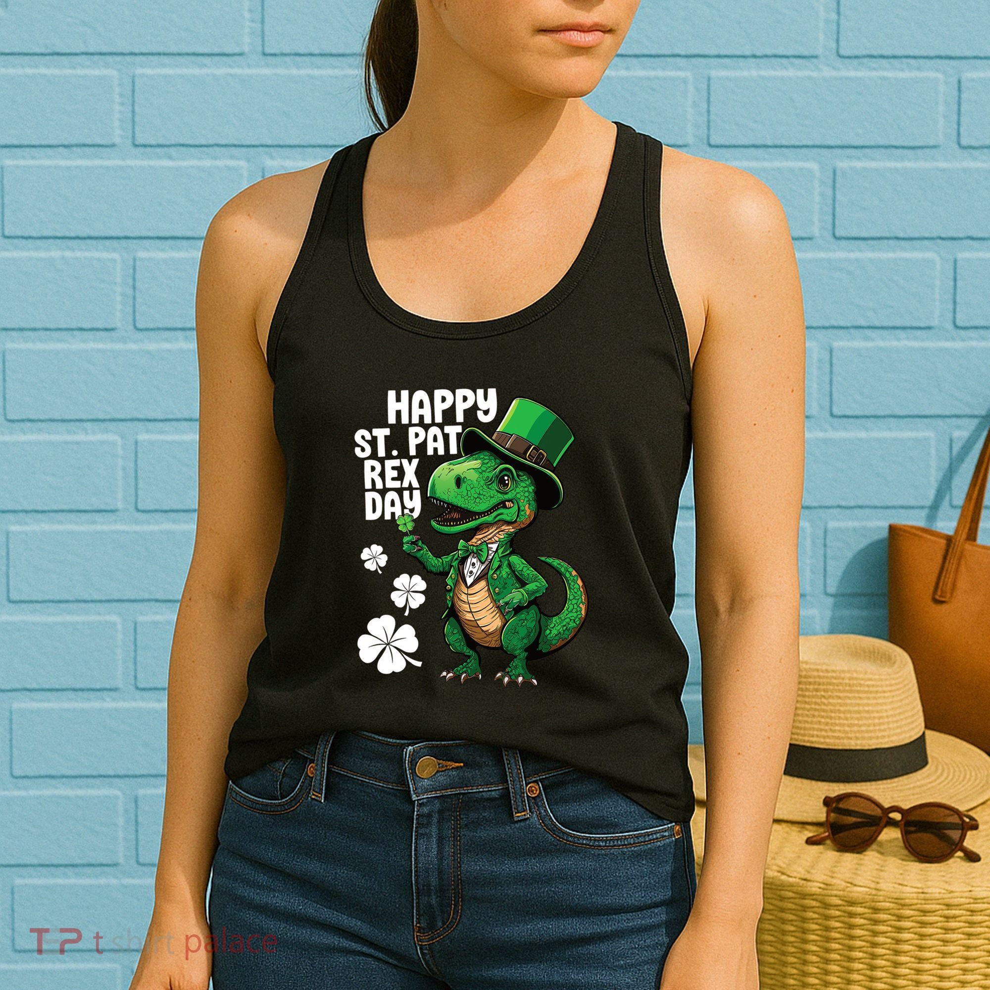 Happy St Pat T-Rex St Patricks Day Dinosaur Leprechaun Funny Women's Tank Top