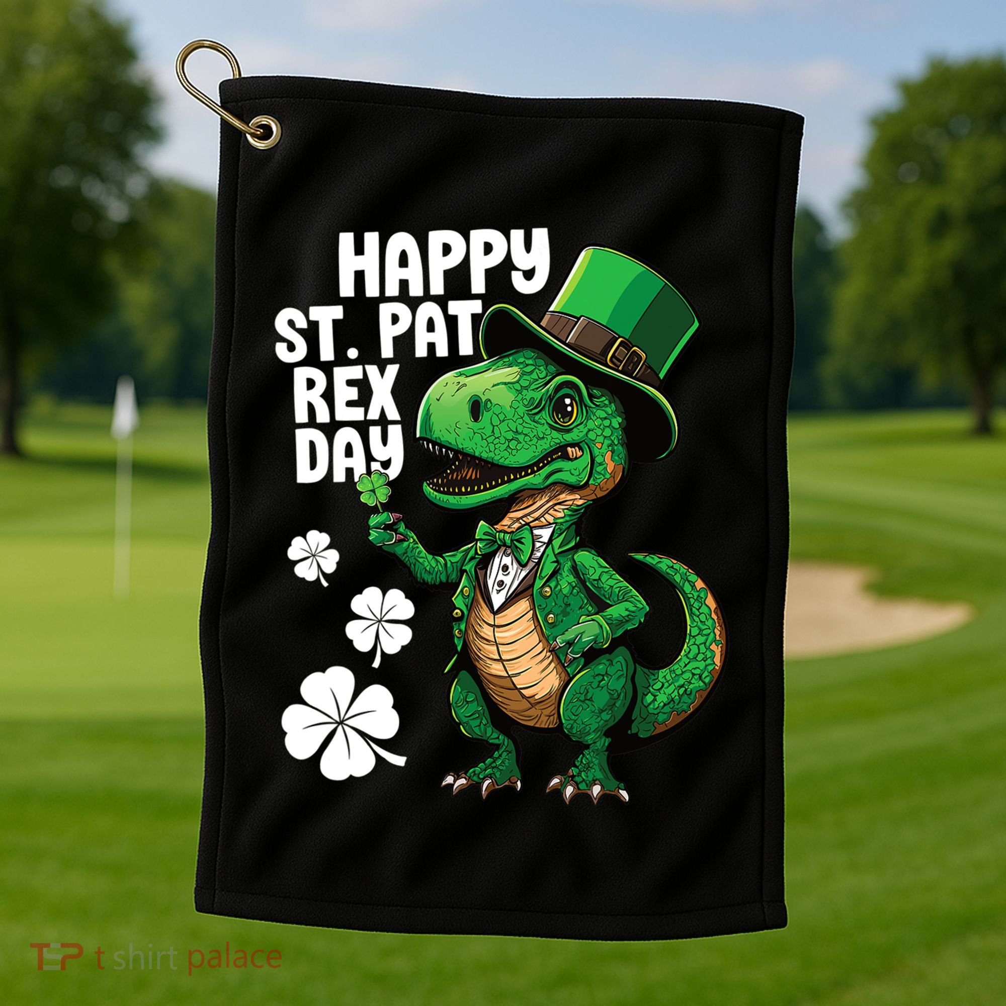 Happy St Pat T-Rex St Patricks Day Dinosaur Leprechaun Funny Golf Towel