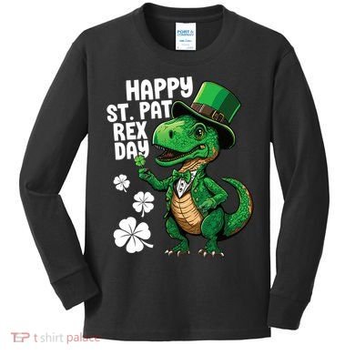 Happy St Pat T-Rex St Patricks Day Dinosaur Leprechaun Funny Kids Long Sleeve Shirt