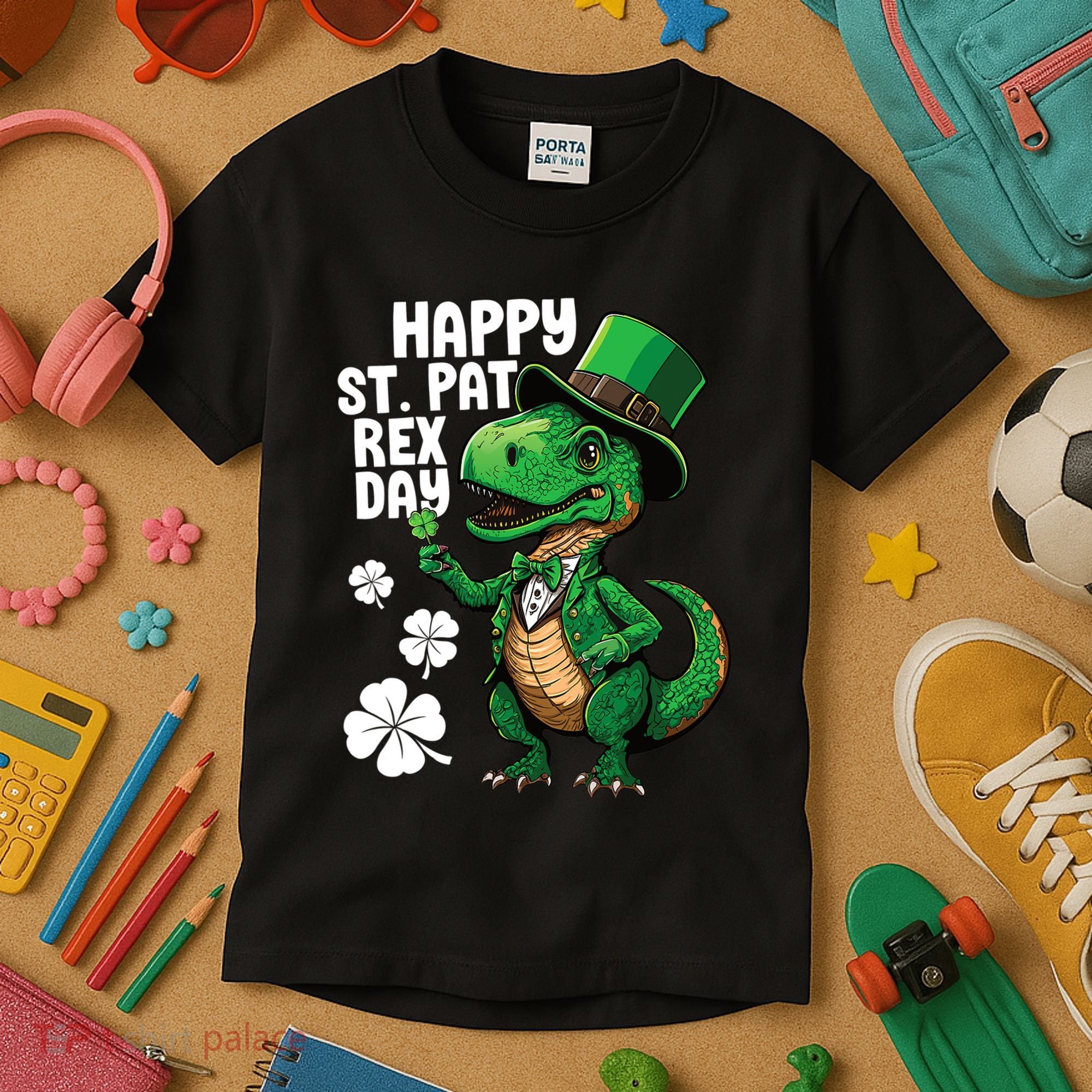 Happy St Pat T-Rex St Patricks Day Dinosaur Leprechaun Funny Kids T-Shirt