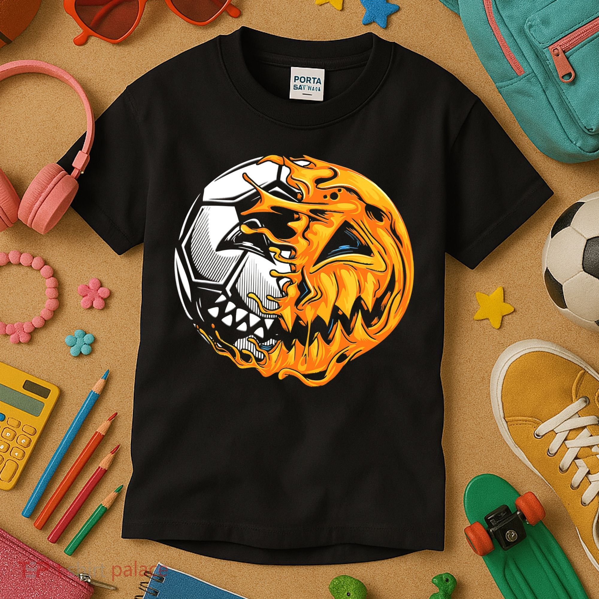 Halloween Soccer Player Pumpkin Skeleton Kids T-Shirt