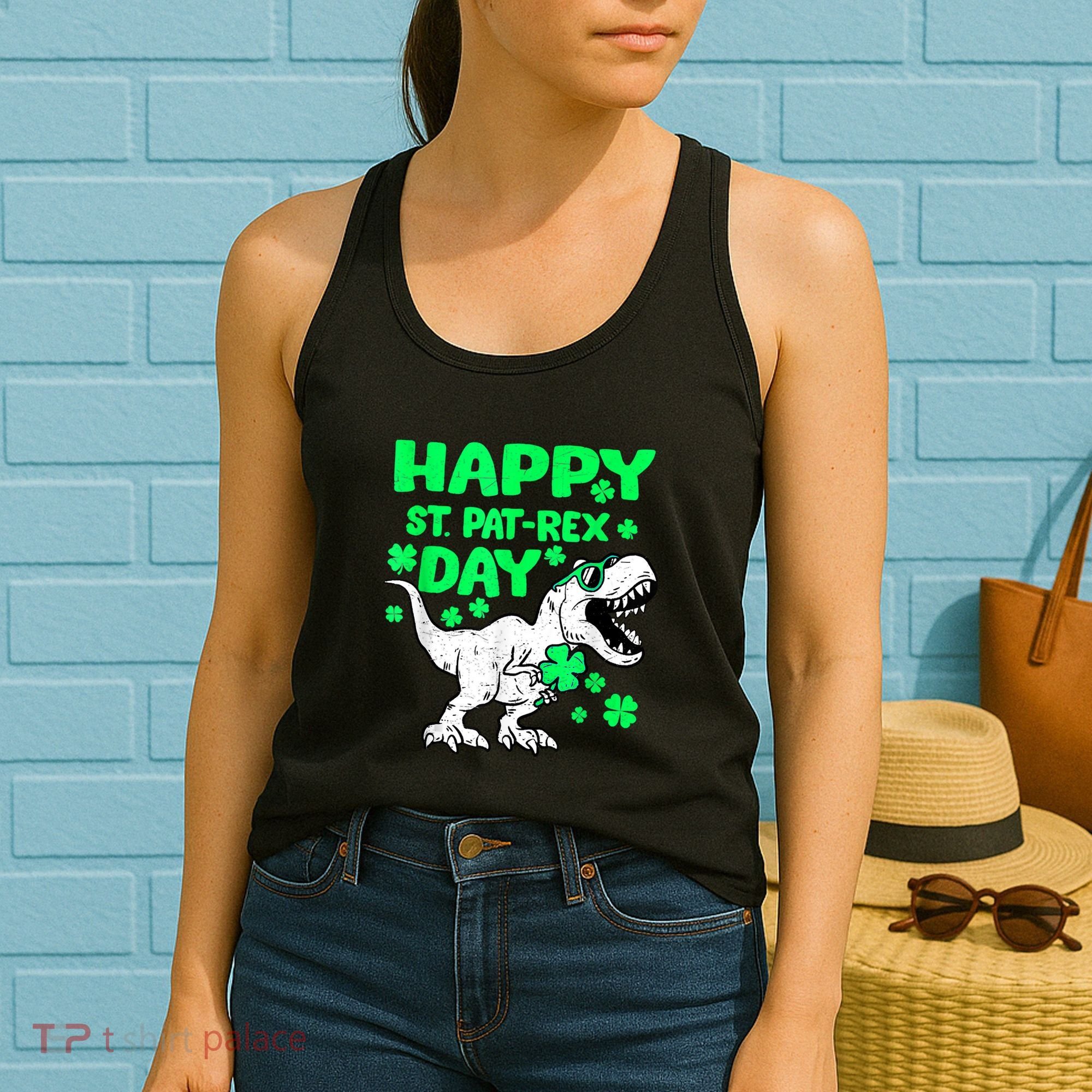 Happy St PaT Rex Dinosaur Saint Patrick's Day Women's Tank Top