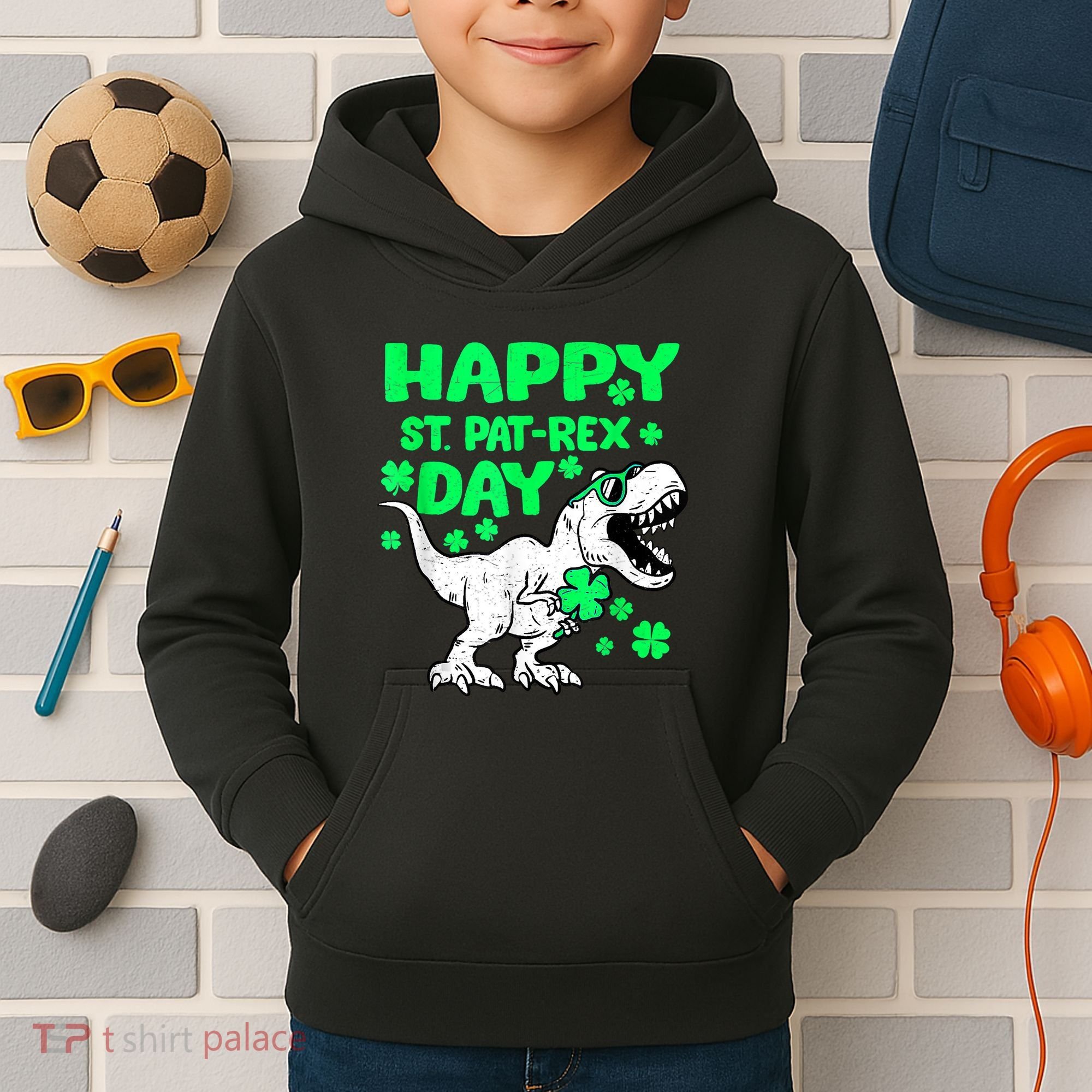 Happy St PaT Rex Dinosaur Saint Patrick's Day Kids Hoodie