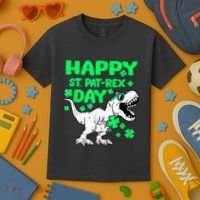 Happy St PaT Rex Dinosaur Saint Patrick's Day Kids T-Shirt thumb 3