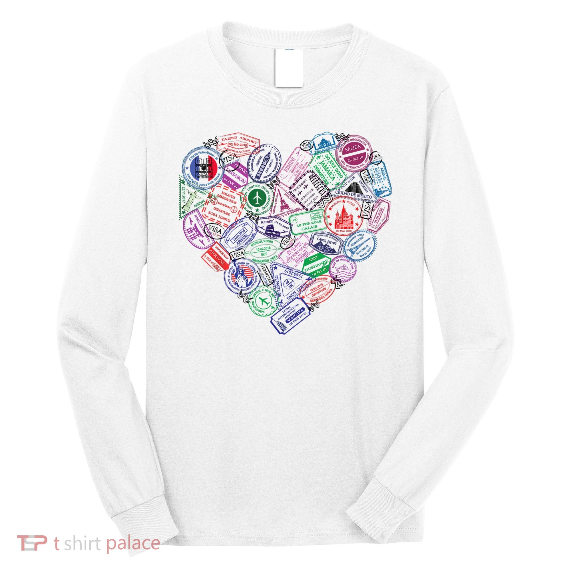 Heart Shaped Passport Travel Stamp Long Sleeve Shirt