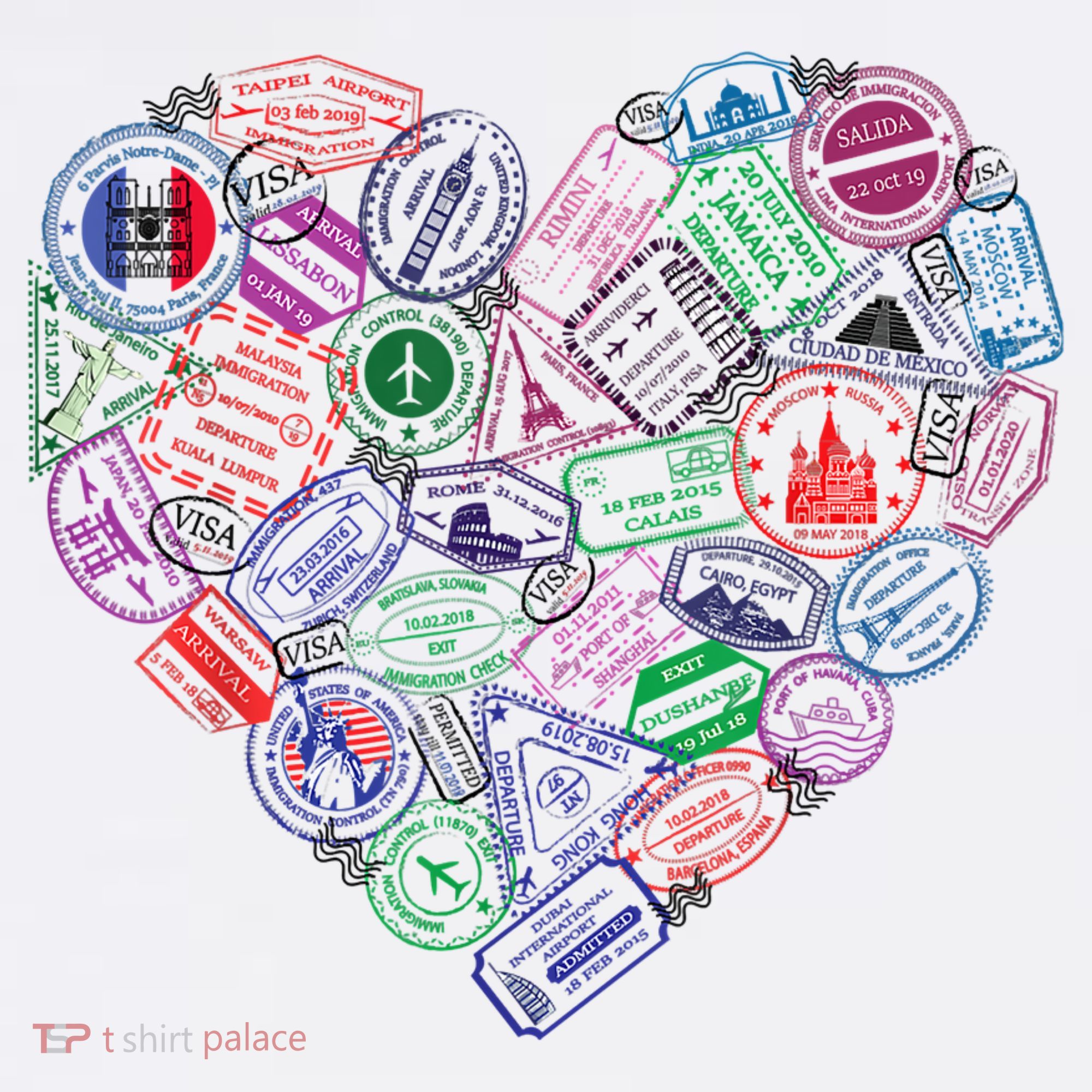 Heart Shaped Passport Travel Stamp Long Sleeve Shirt