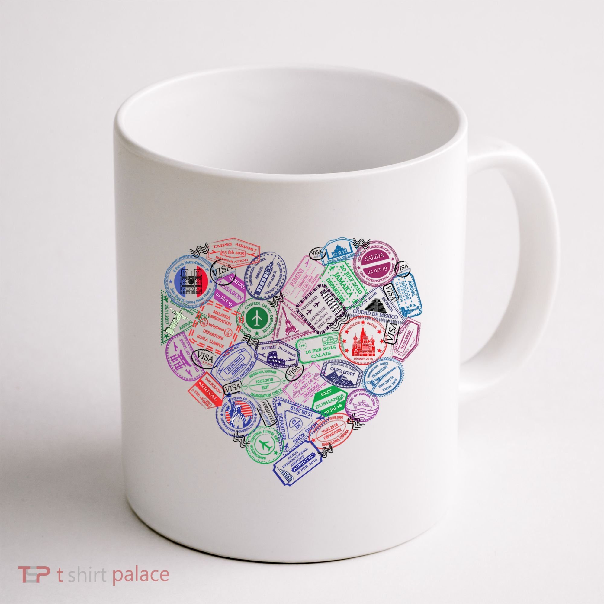 Heart Shaped Passport Travel Stamp Coffee Mug
