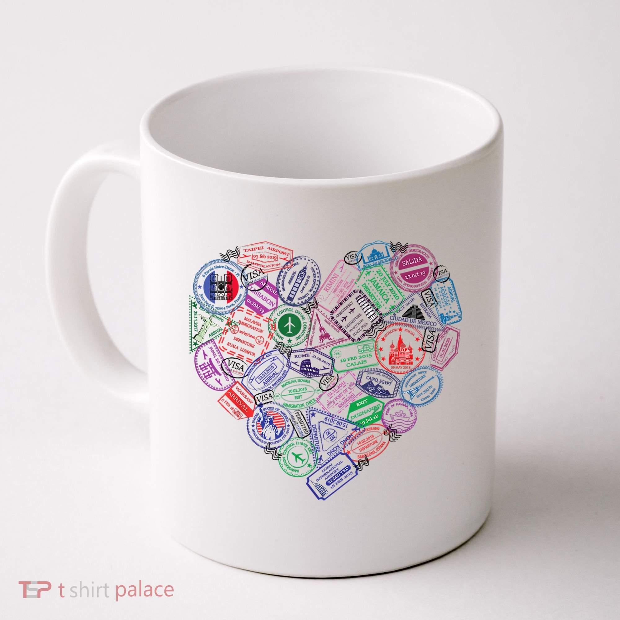 Heart Shaped Passport Travel Stamp Coffee Mug