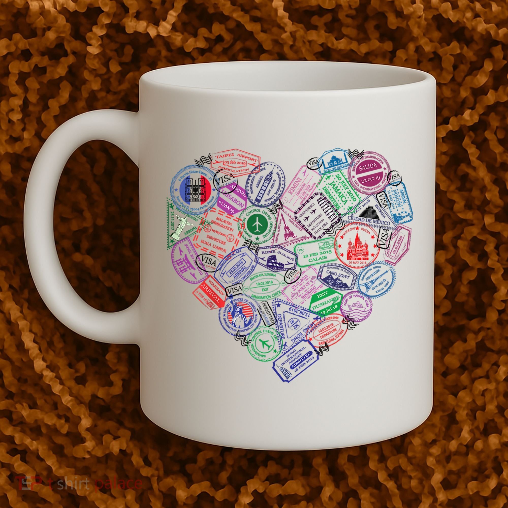 Heart Shaped Passport Travel Stamp Coffee Mug