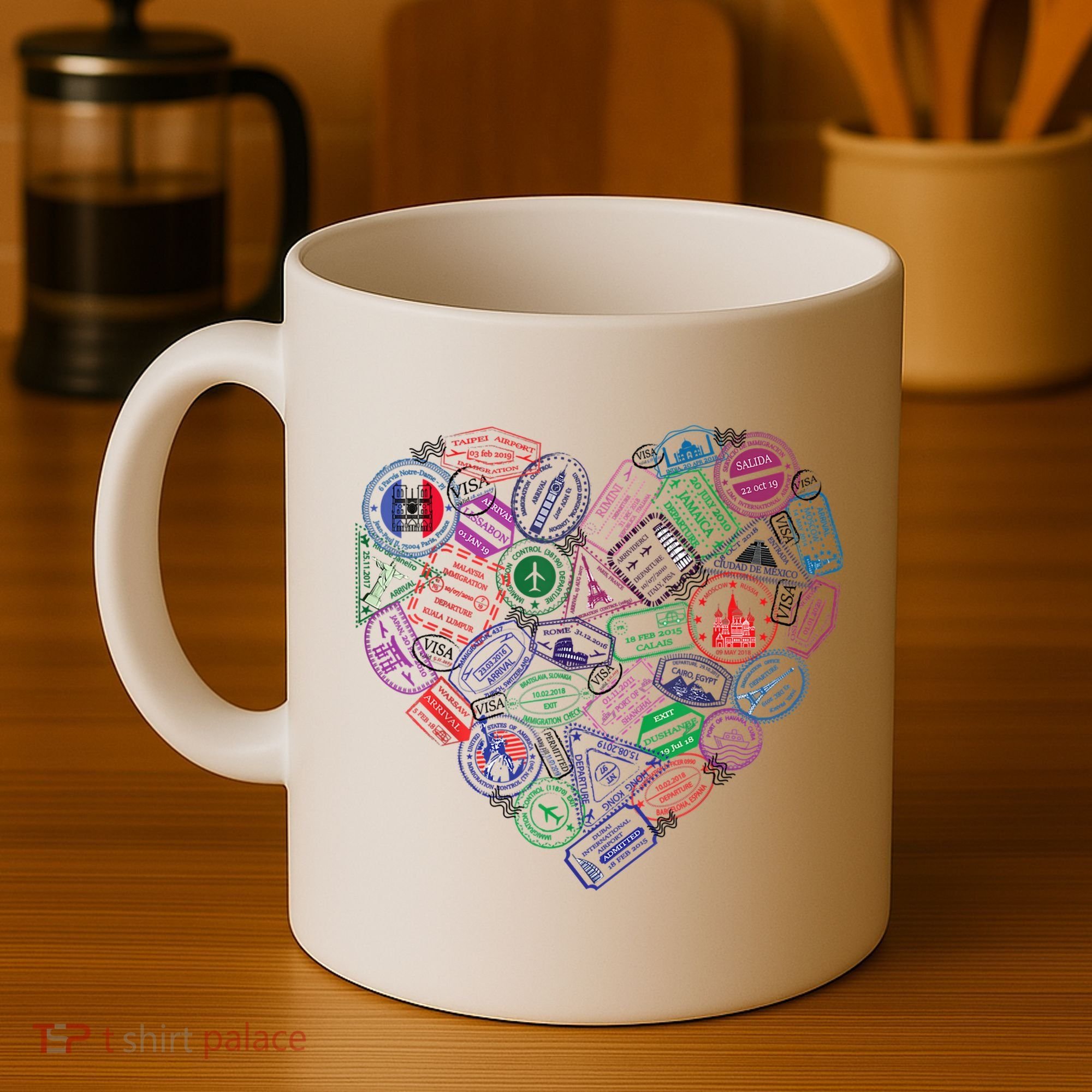 Heart Shaped Passport Travel Stamp Coffee Mug