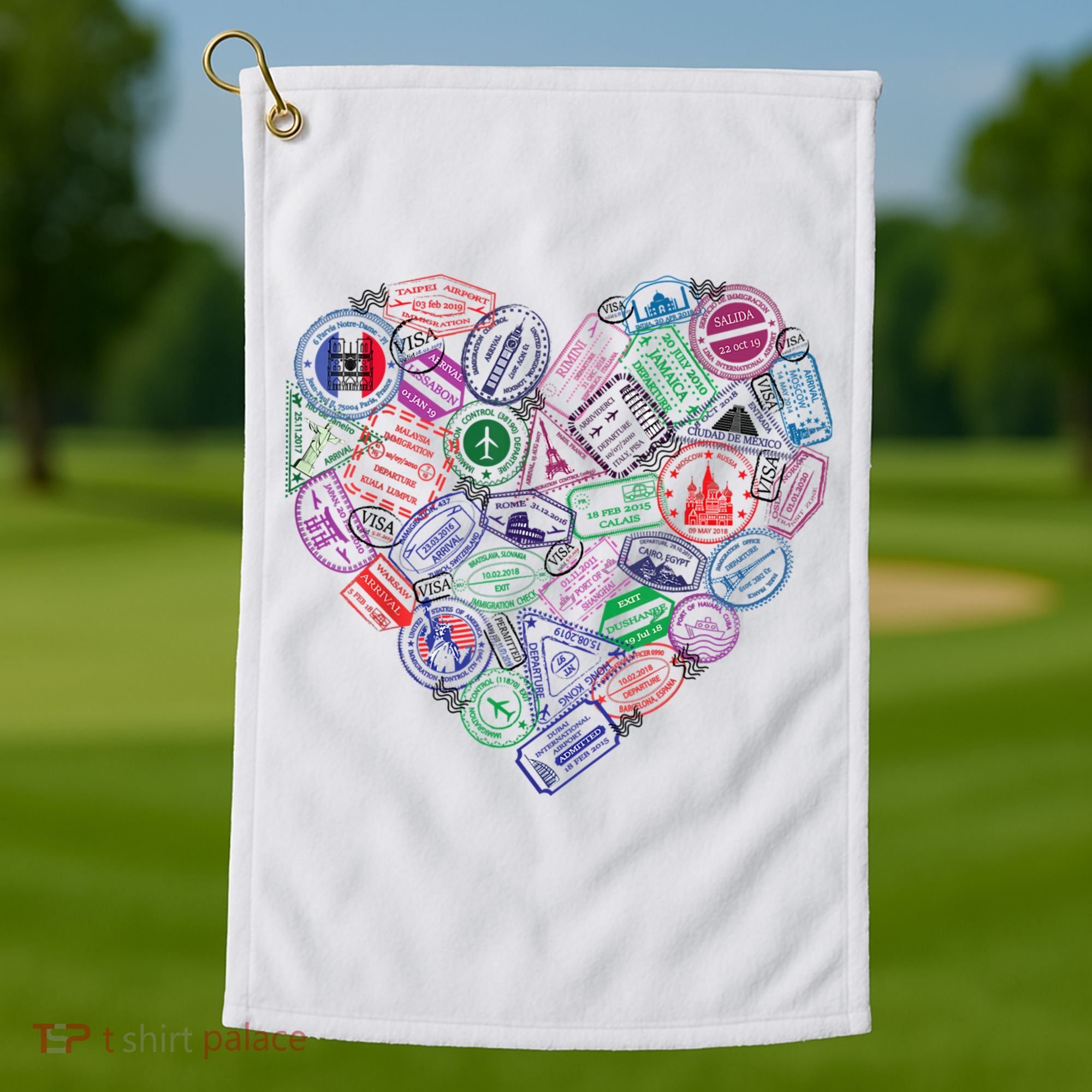 Heart Shaped Passport Travel Stamp Golf Towel