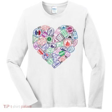 Heart Shaped Passport Travel Stamp Women's Long Sleeve Shirt