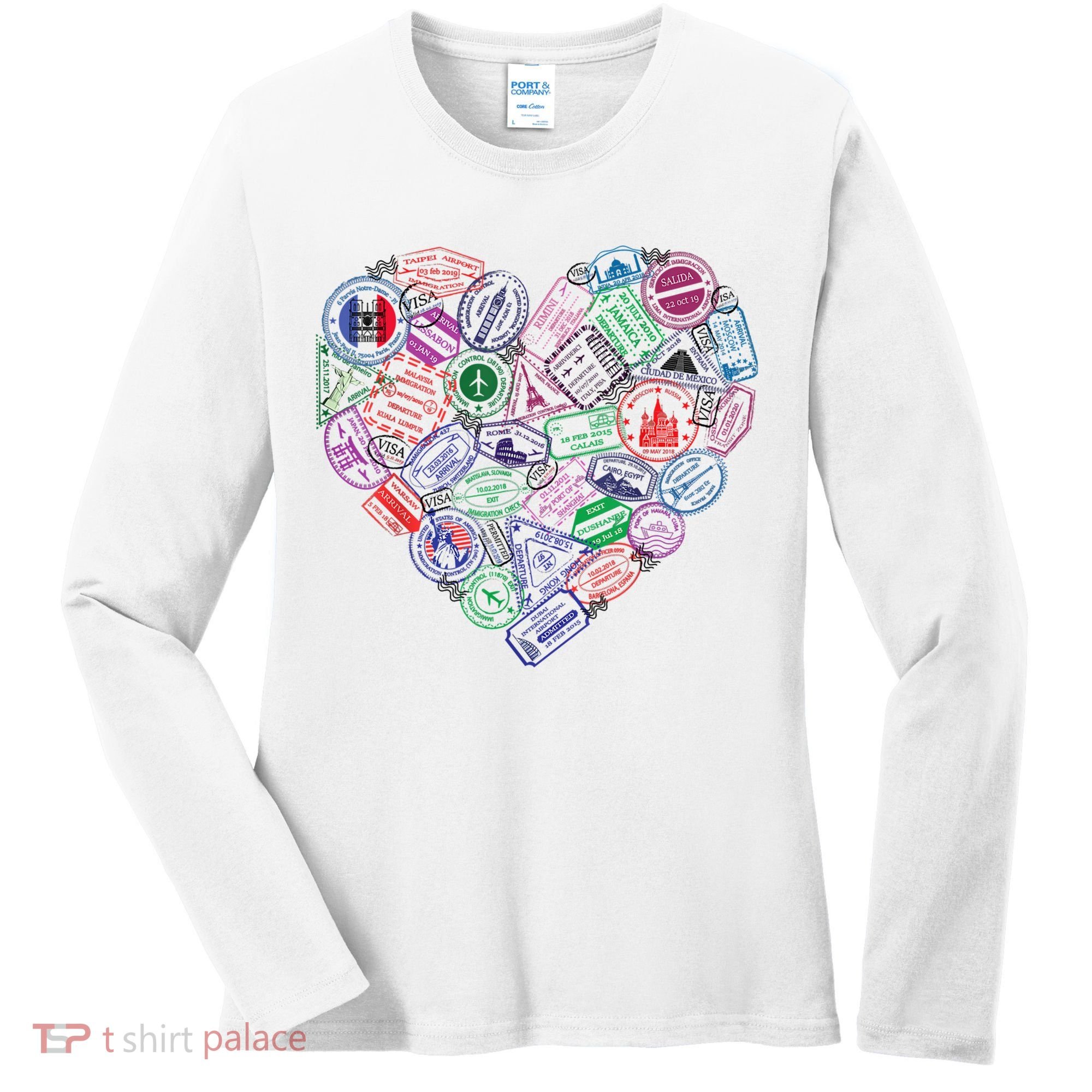 Heart Shaped Passport Travel Stamp Women's Long Sleeve Shirt