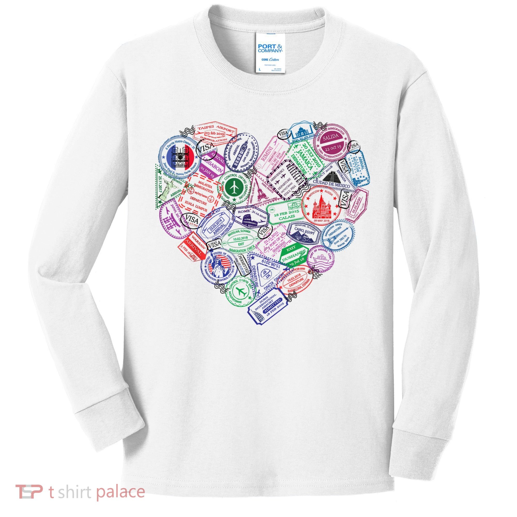 Heart Shaped Passport Travel Stamp Kids Long Sleeve Shirt