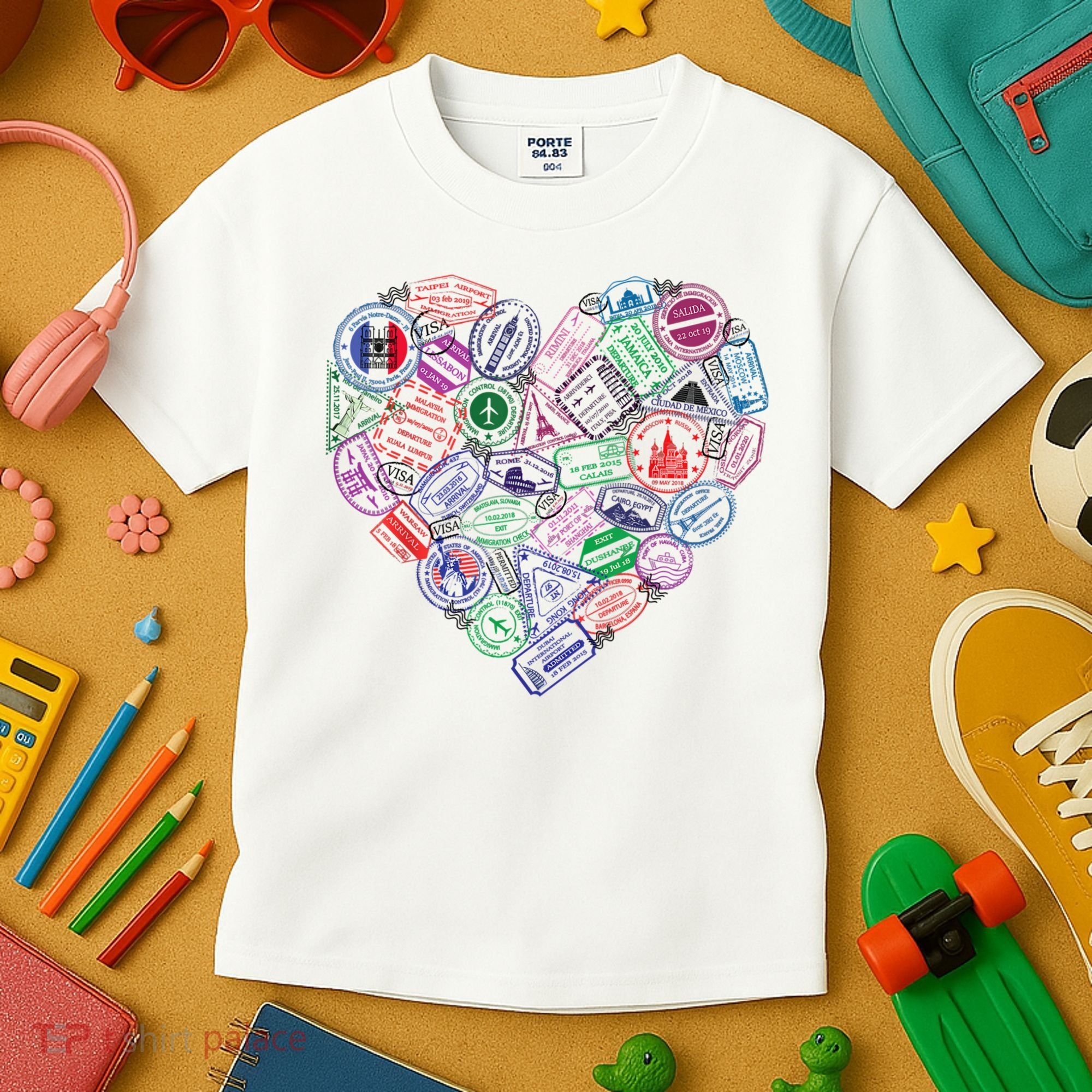 Heart Shaped Passport Travel Stamp Kids T-Shirt