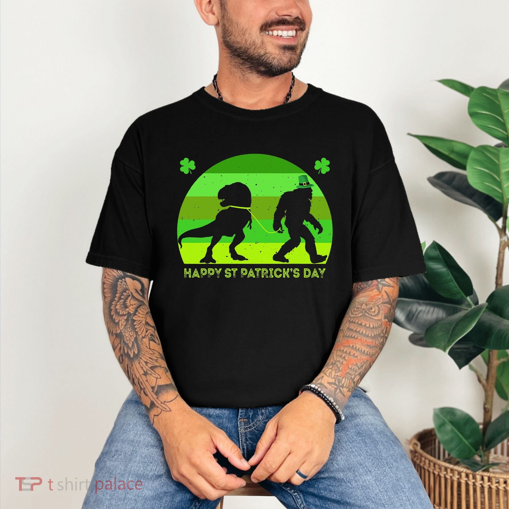 Happy St PaT-Rex Dinosaur Saint Patrick's Day Bigfoot sunset Comfort Colors T-Shirt