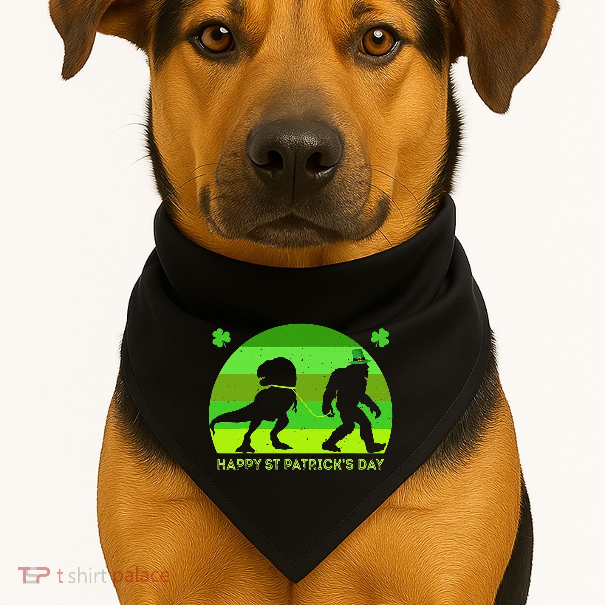 Happy St PaT-Rex Dinosaur Saint Patrick's Day Bigfoot sunset USA-Made Doggie Bandana