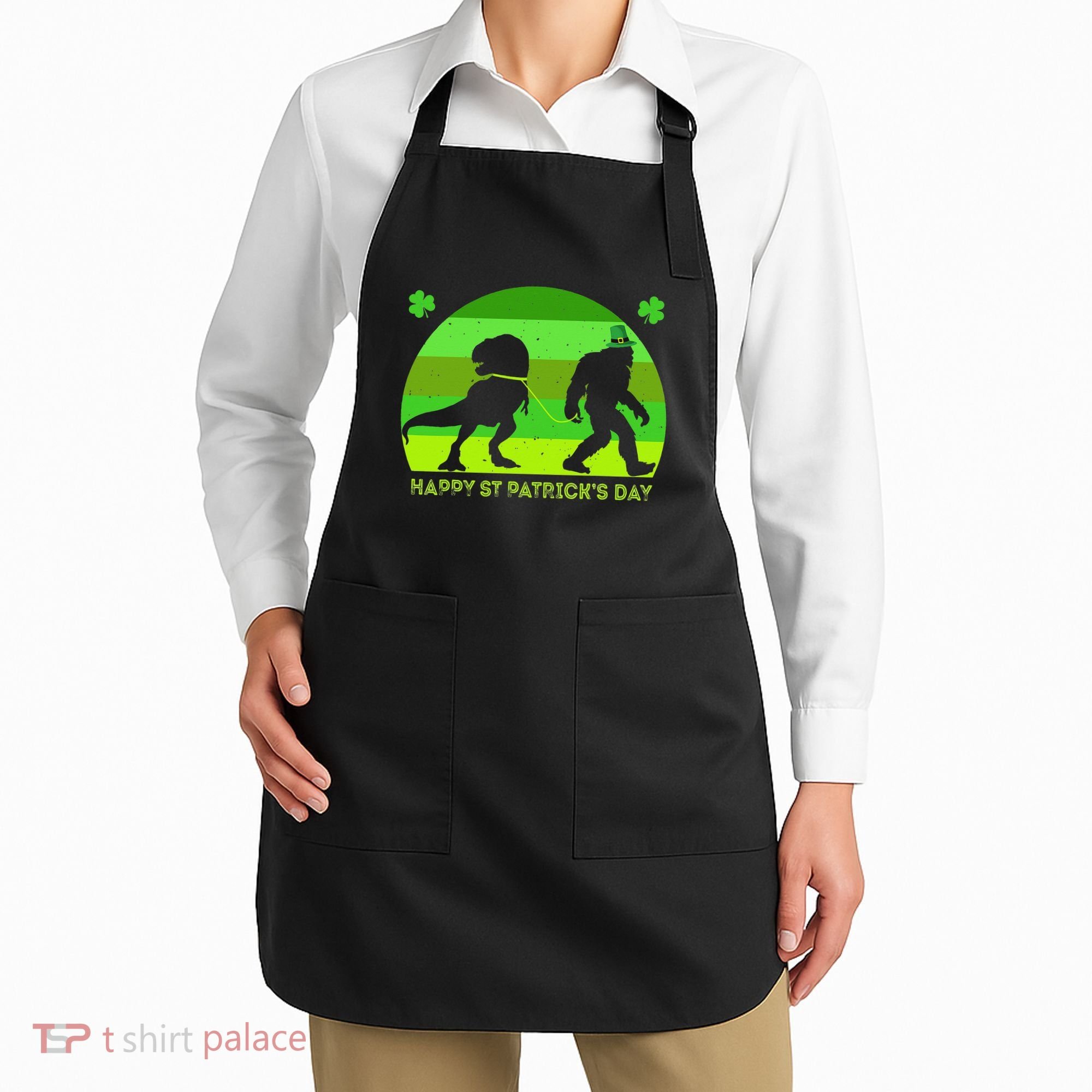 Happy St PaT-Rex Dinosaur Saint Patrick's Day Bigfoot sunset Apron