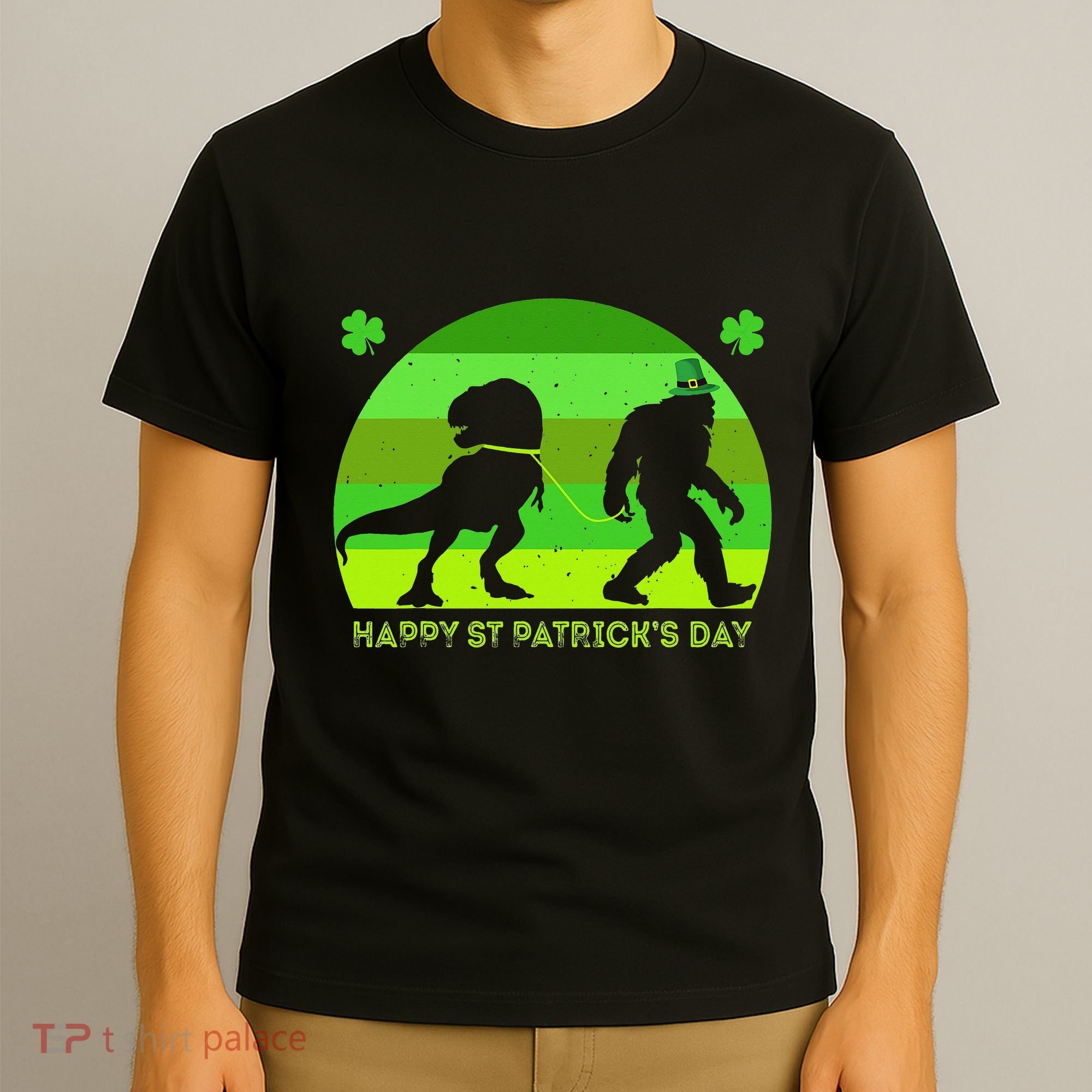 Happy St PaT-Rex Dinosaur Saint Patrick's Day Bigfoot sunset T-Shirt