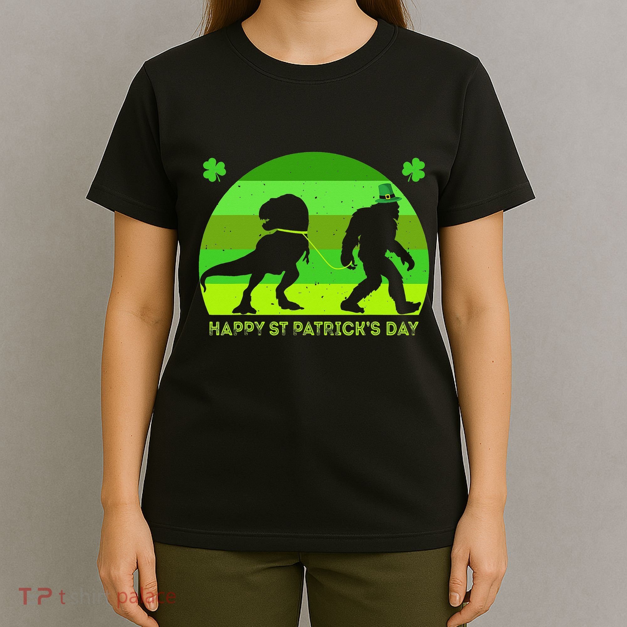 Happy St PaT-Rex Dinosaur Saint Patrick's Day Bigfoot sunset T-Shirt