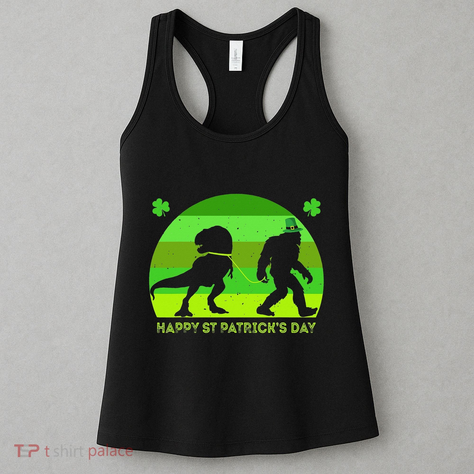 Happy St PaT-Rex Dinosaur Saint Patrick's Day Bigfoot sunset Women's Tank Top