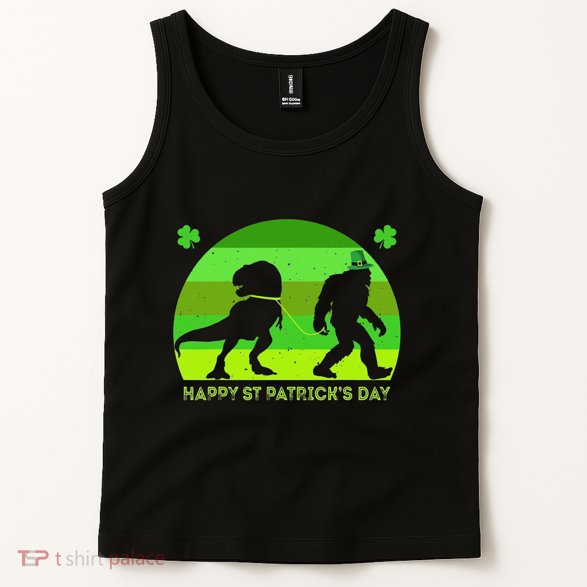 Happy St PaT-Rex Dinosaur Saint Patrick's Day Bigfoot sunset Tank Top