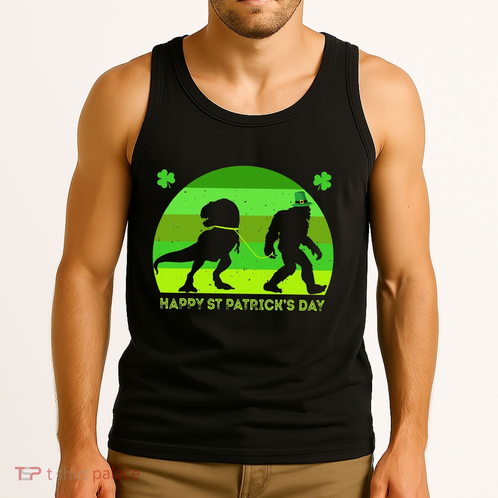 Happy St PaT-Rex Dinosaur Saint Patrick's Day Bigfoot sunset Tank Top