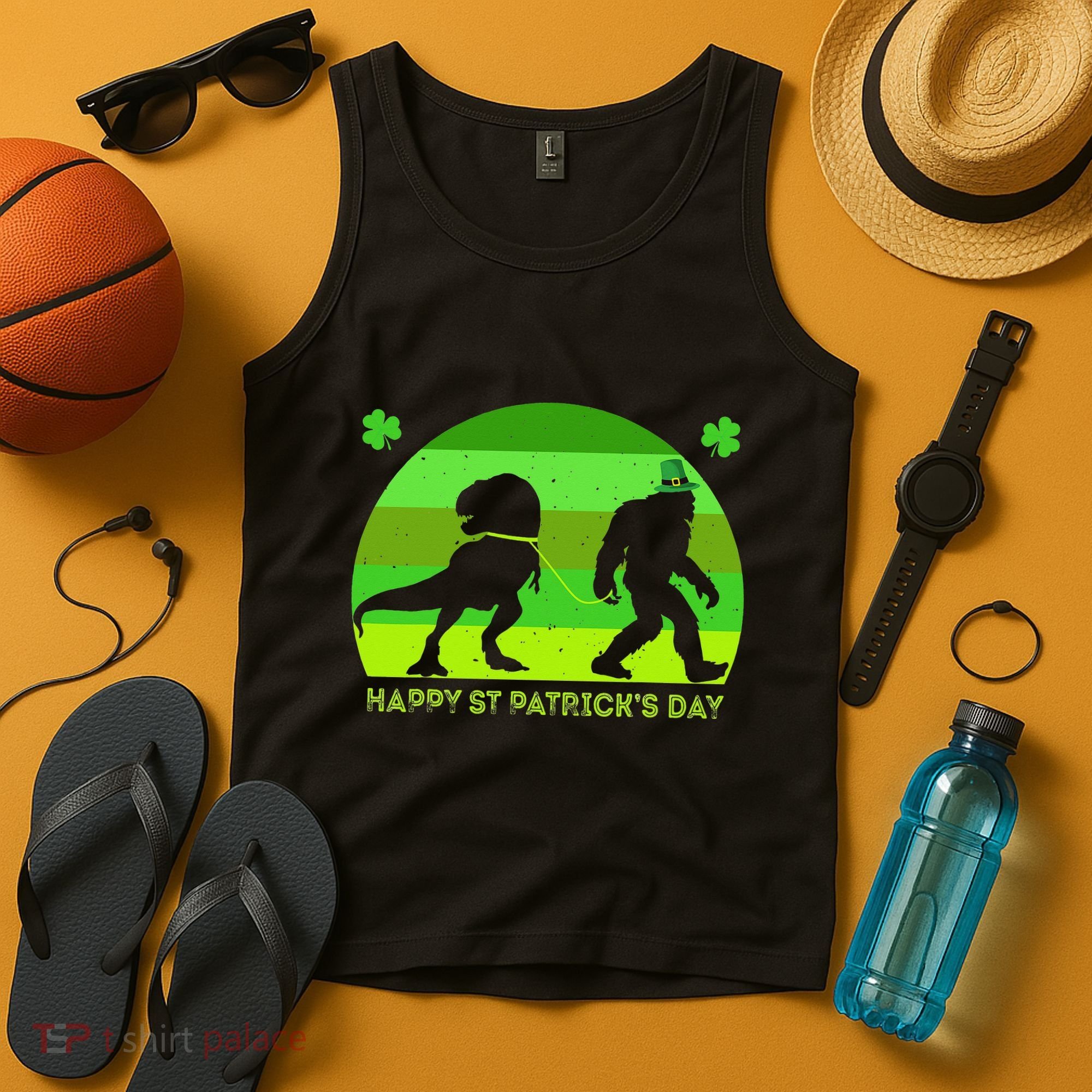 Happy St PaT-Rex Dinosaur Saint Patrick's Day Bigfoot sunset Tank Top