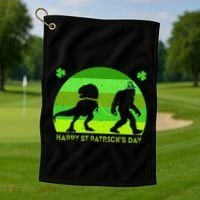 Happy St PaT-Rex Dinosaur Saint Patrick's Day Bigfoot sunset Golf Towel thumb 1